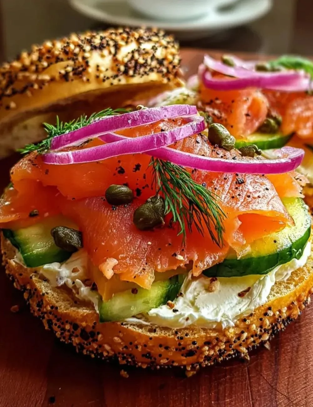 Delicious smoked salmon bagel sandwich with cream cheese and capers