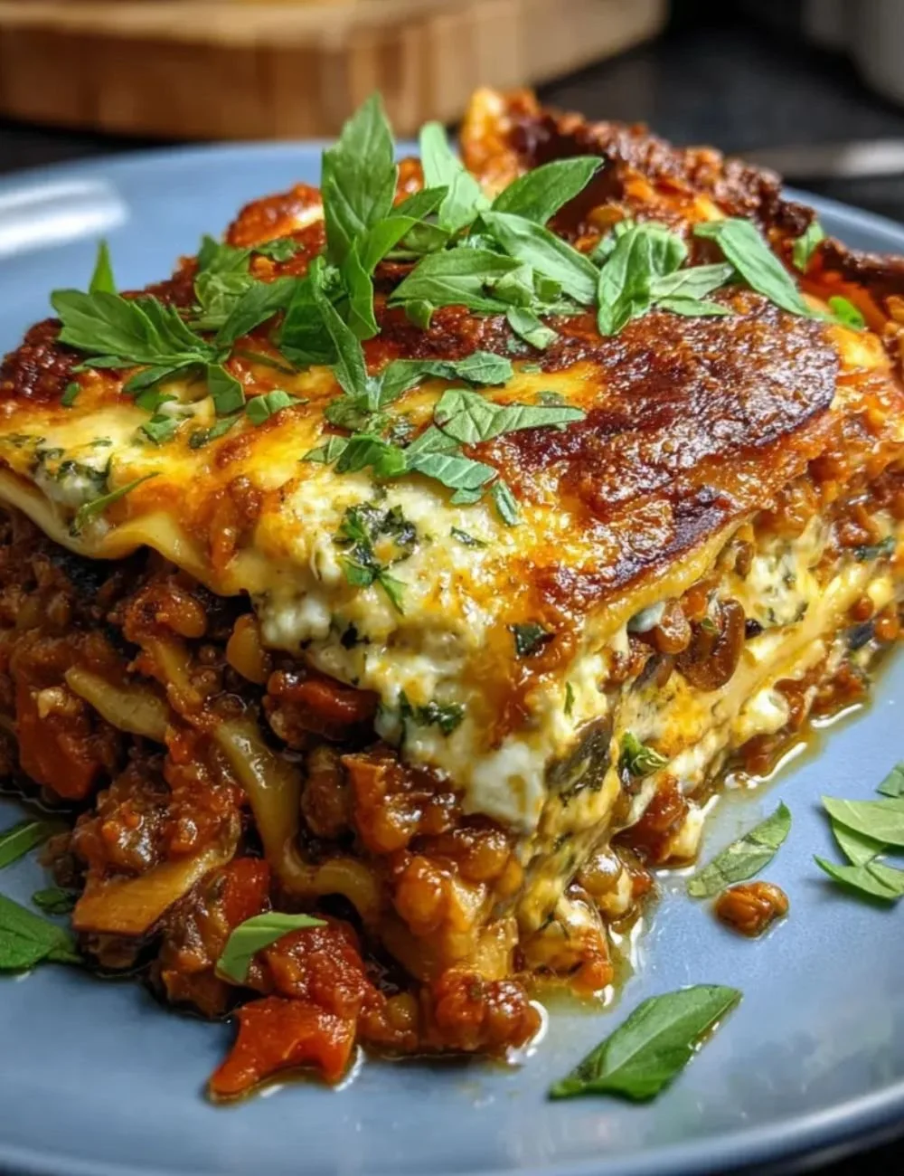 Smoky Veggie Lentil Lasagna layered with vegetables and lentils