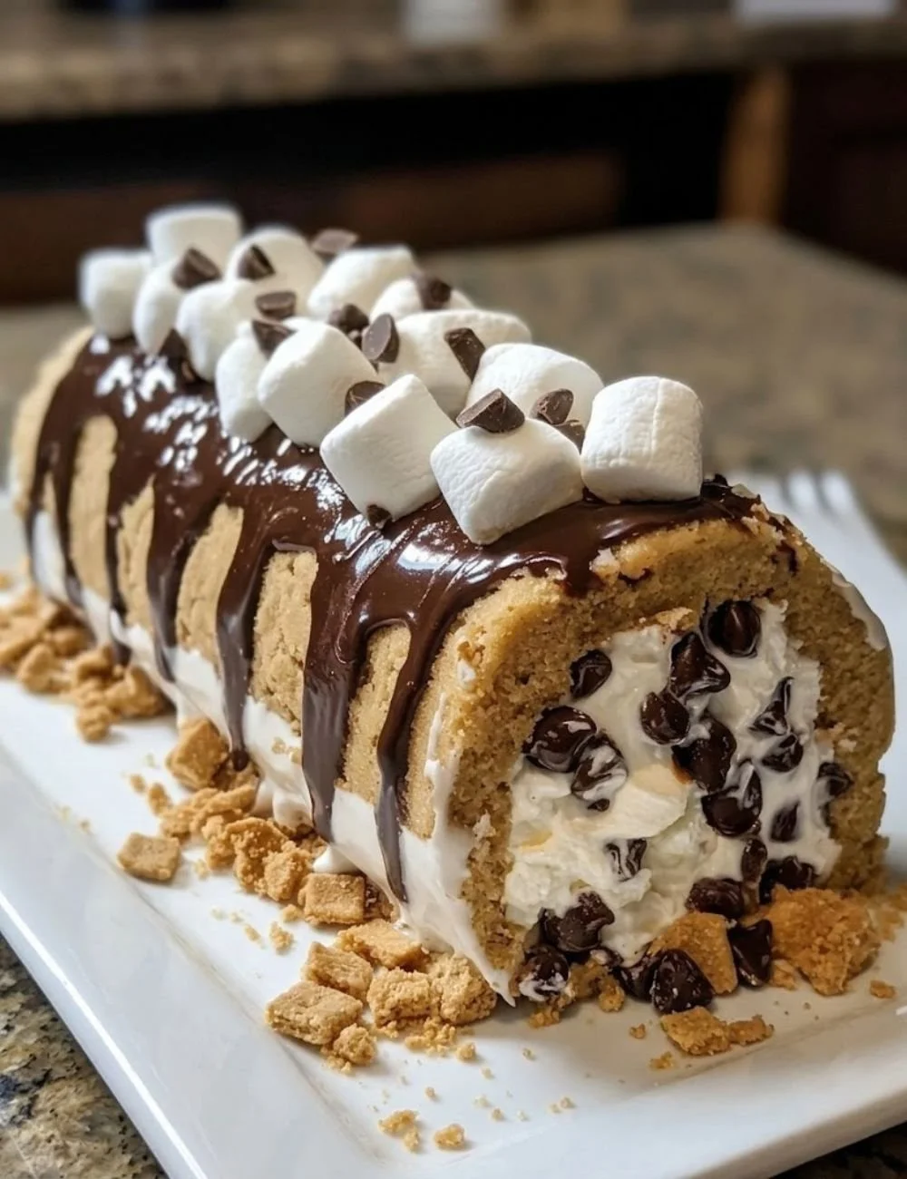 Smores Cookie Dough Ice Cream Roll with chocolate, marshmallows, and graham crackers