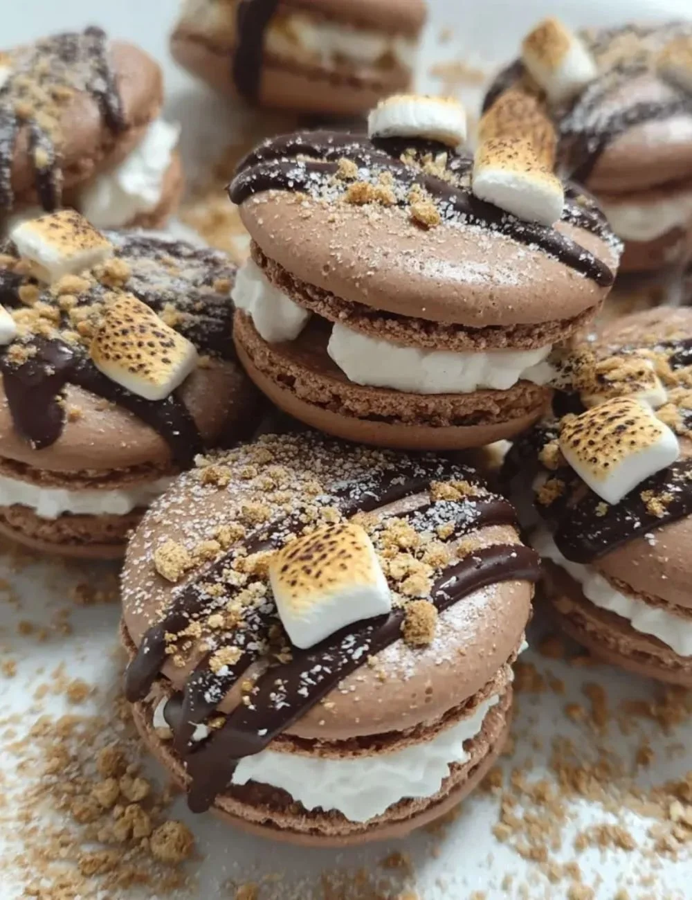 S'mores Macarons featuring chocolate, graham cracker, and marshmallow filling