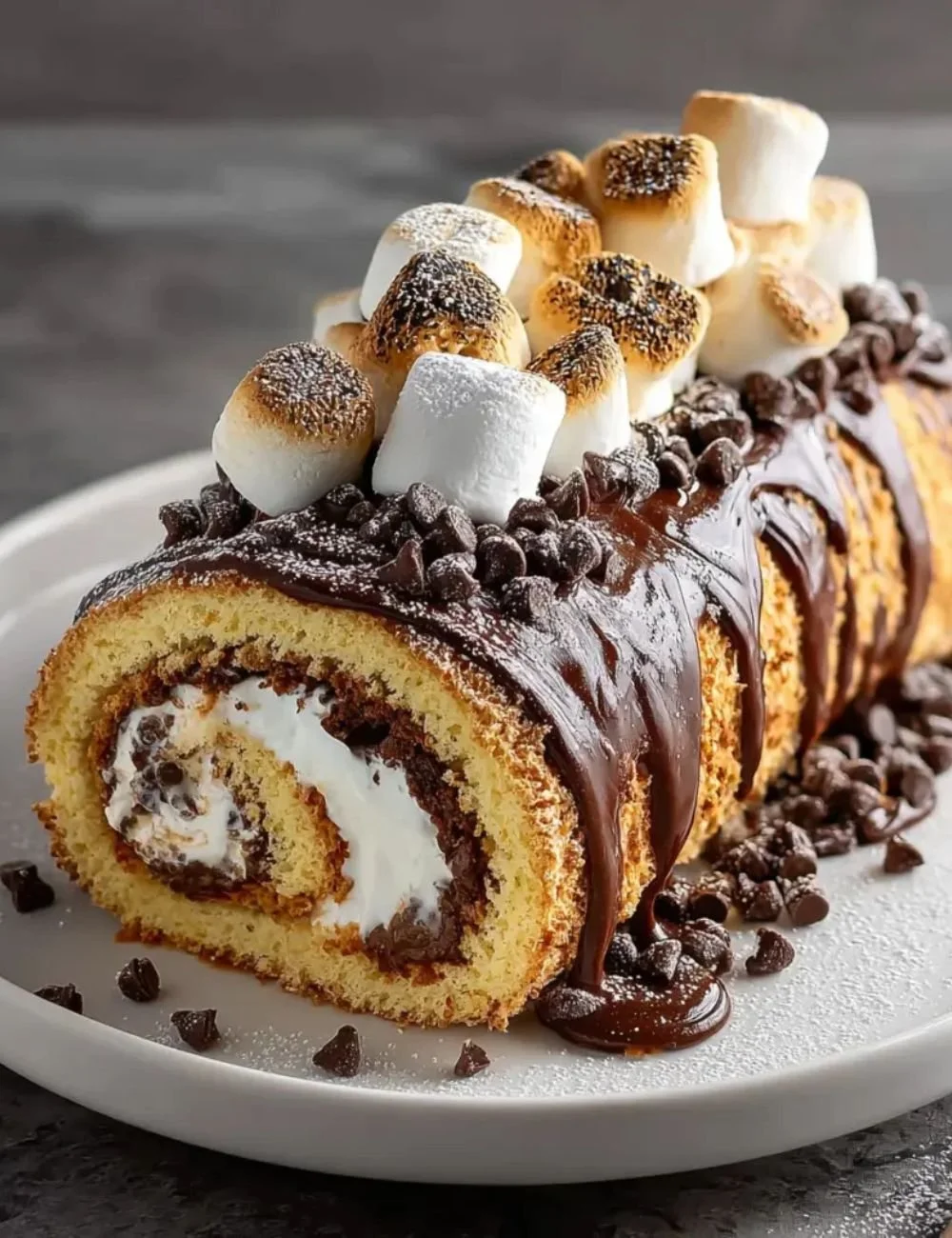 Delicious S'mores Swiss Roll dessert with chocolate and marshmallows