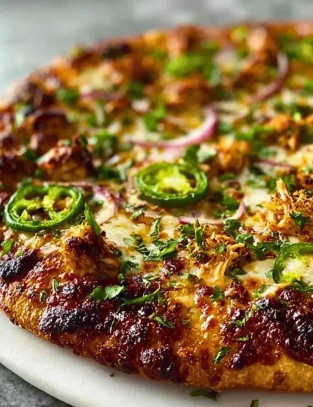 Delicious Spicy Chicken Pizza with pickled jalapenos topping
