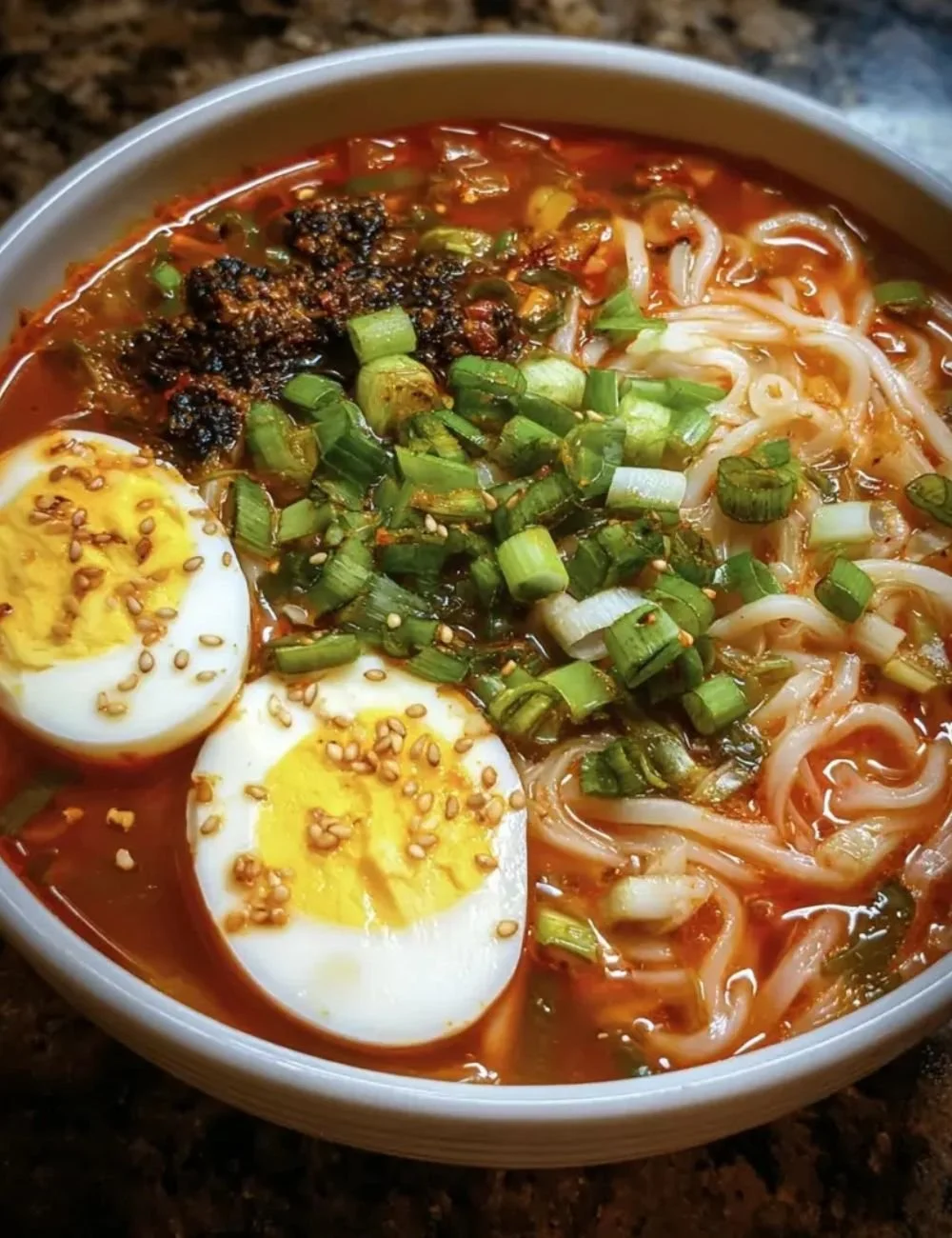 Bowl of spicy gochujang noodle soup with garnishes and chopsticks