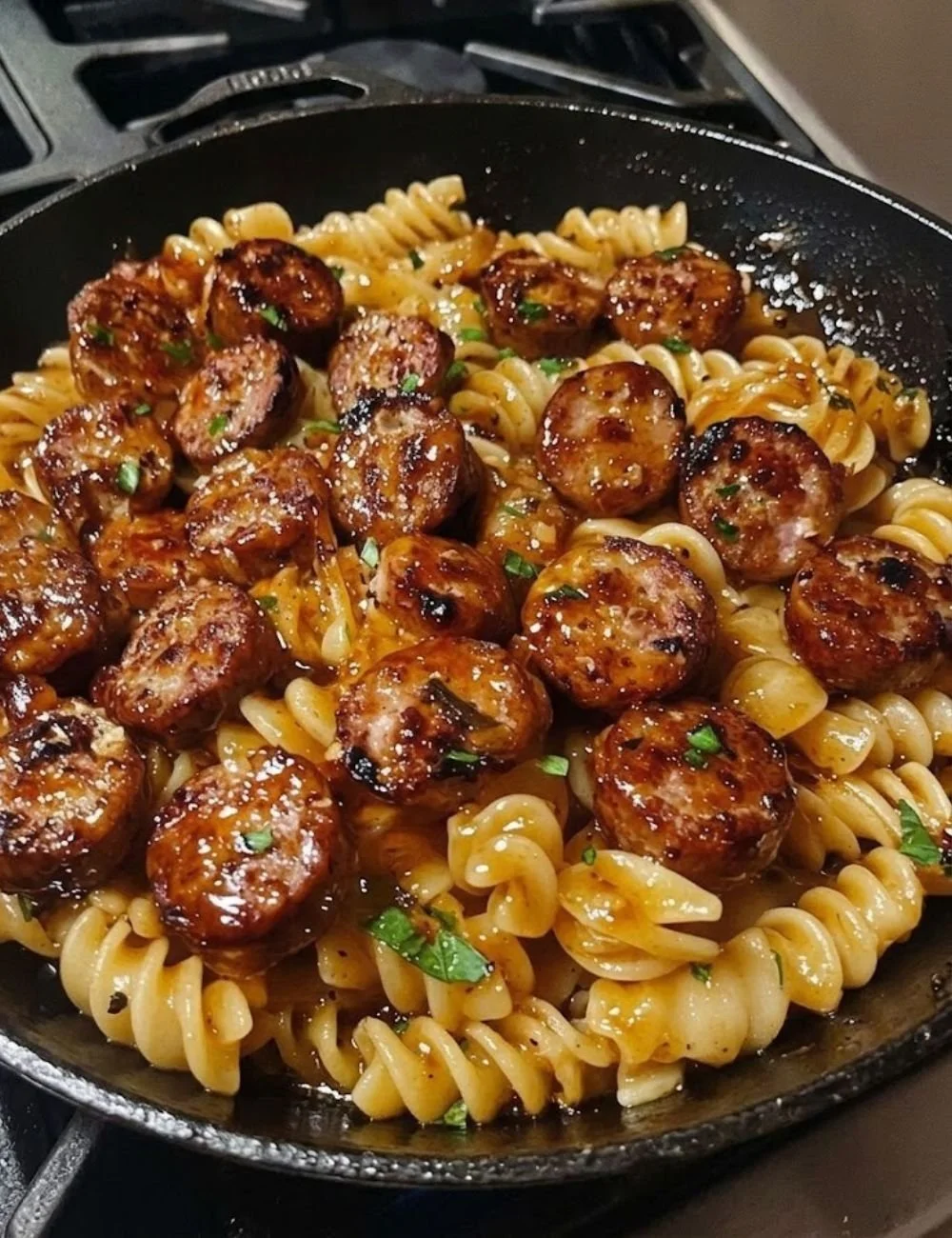 Sticky Honey Garlic Sausage Pasta Skillet dish with herbs and spices