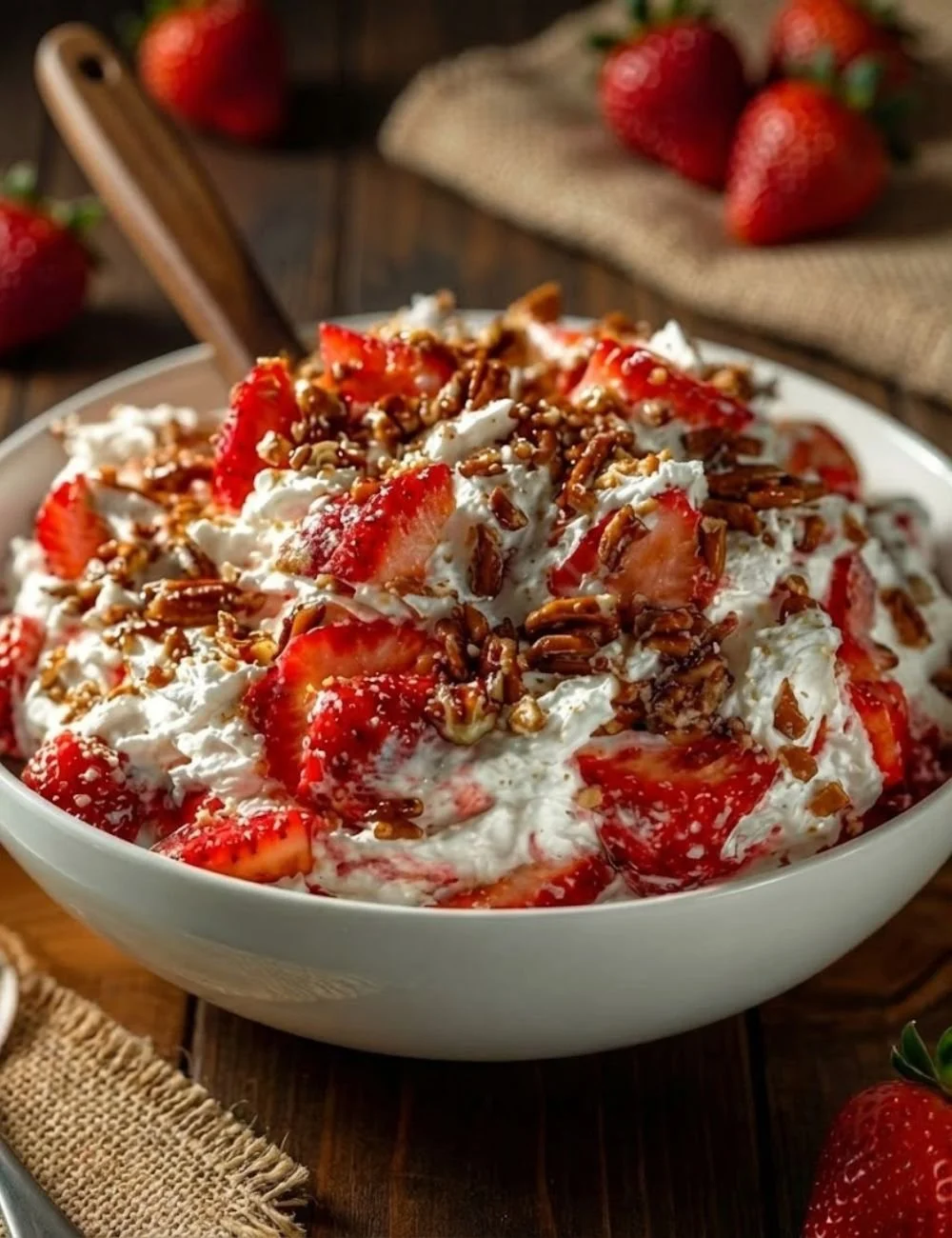 Delicious Strawberry Crackle Salad with fresh strawberries and crunchy toppings