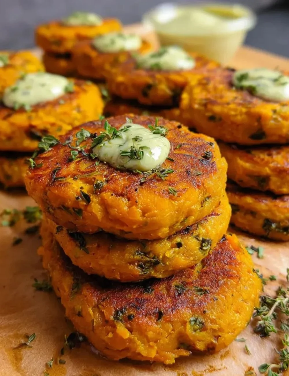 Homemade sweet potato patties served on a plate with fresh herbs.