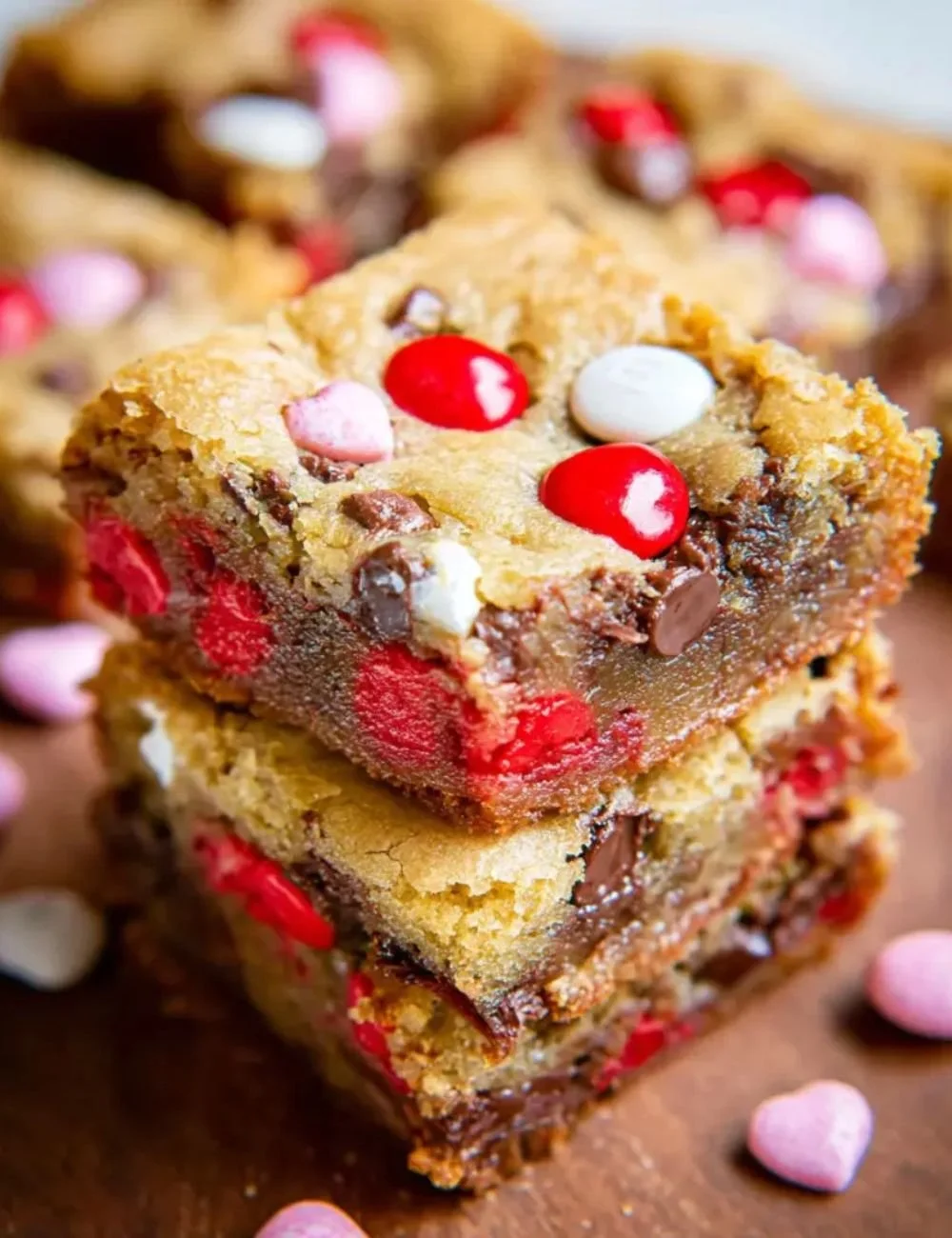 Thick and delicious Valentine M&M Bars with colorful candies on top