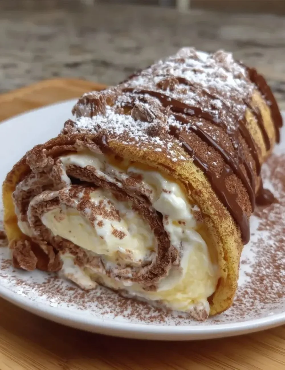 Tiramisu Crepes Cake Roll layered with creamy coffee filling and cocoa powder.