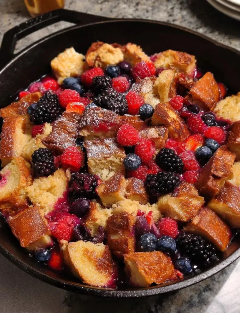 Triple Berry French Toast Bake topped with fresh berries and syrup
