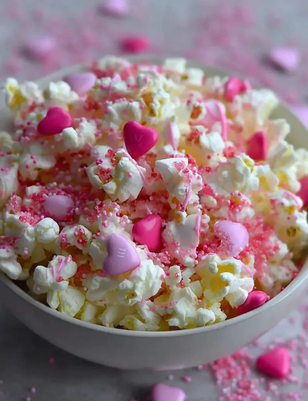 Valentine's Day Popcorn decorated with heart shapes and festive colors