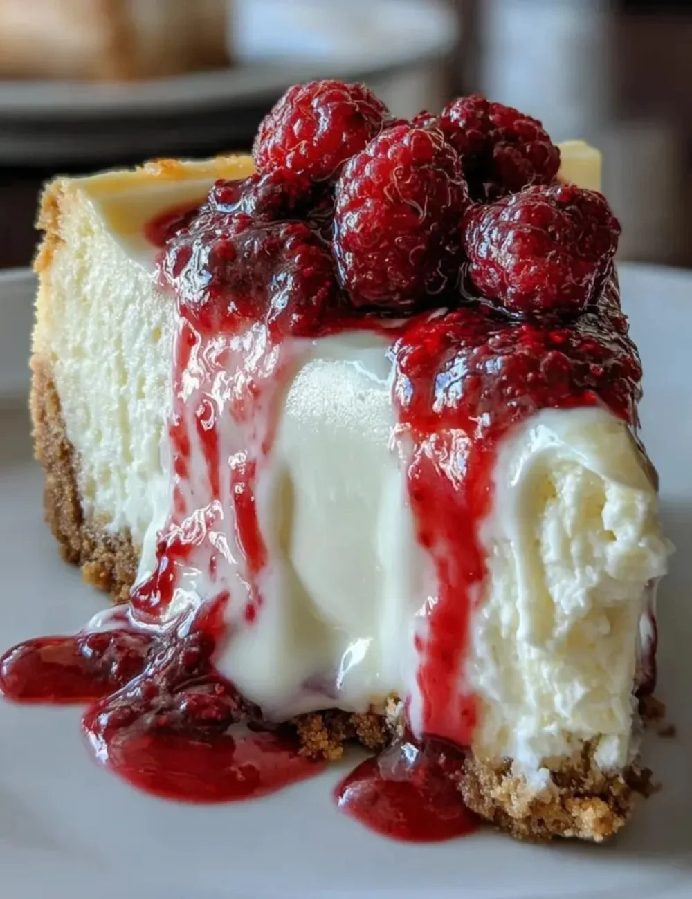 White Chocolate Raspberry Cheesecake with a rich cheesecake layer and fresh raspberries