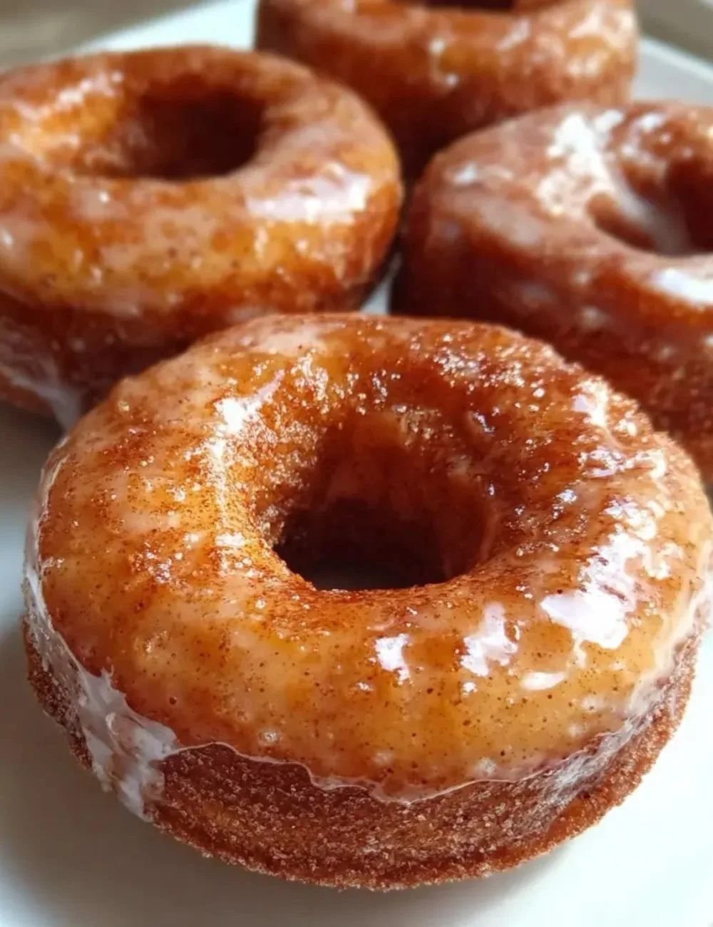 Baked apple cider doughnuts with cinnamon maple glaze on a plate