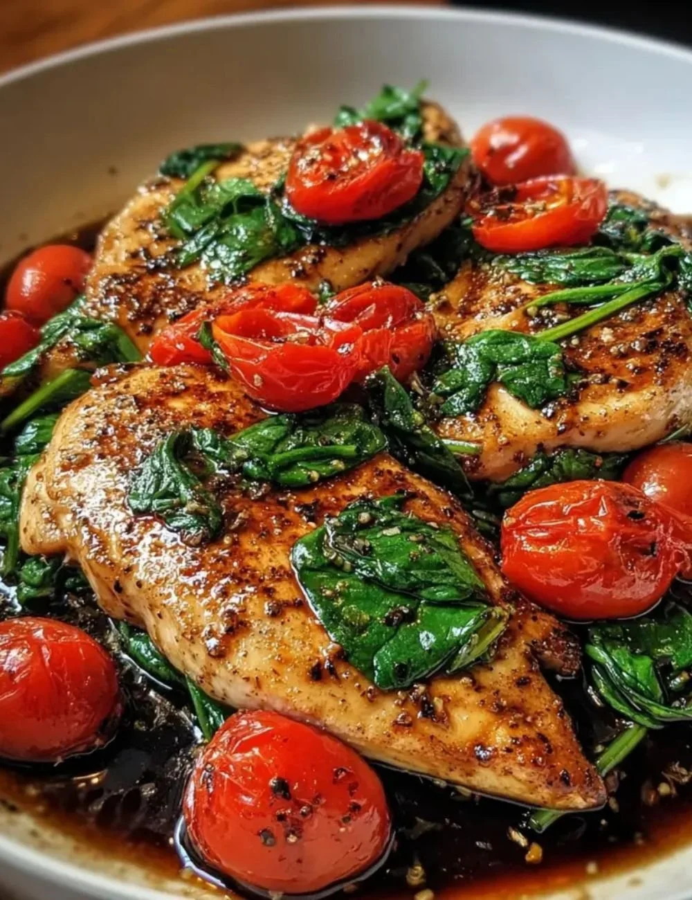 Balsamic chicken breast served with spinach and tomatoes on a plate