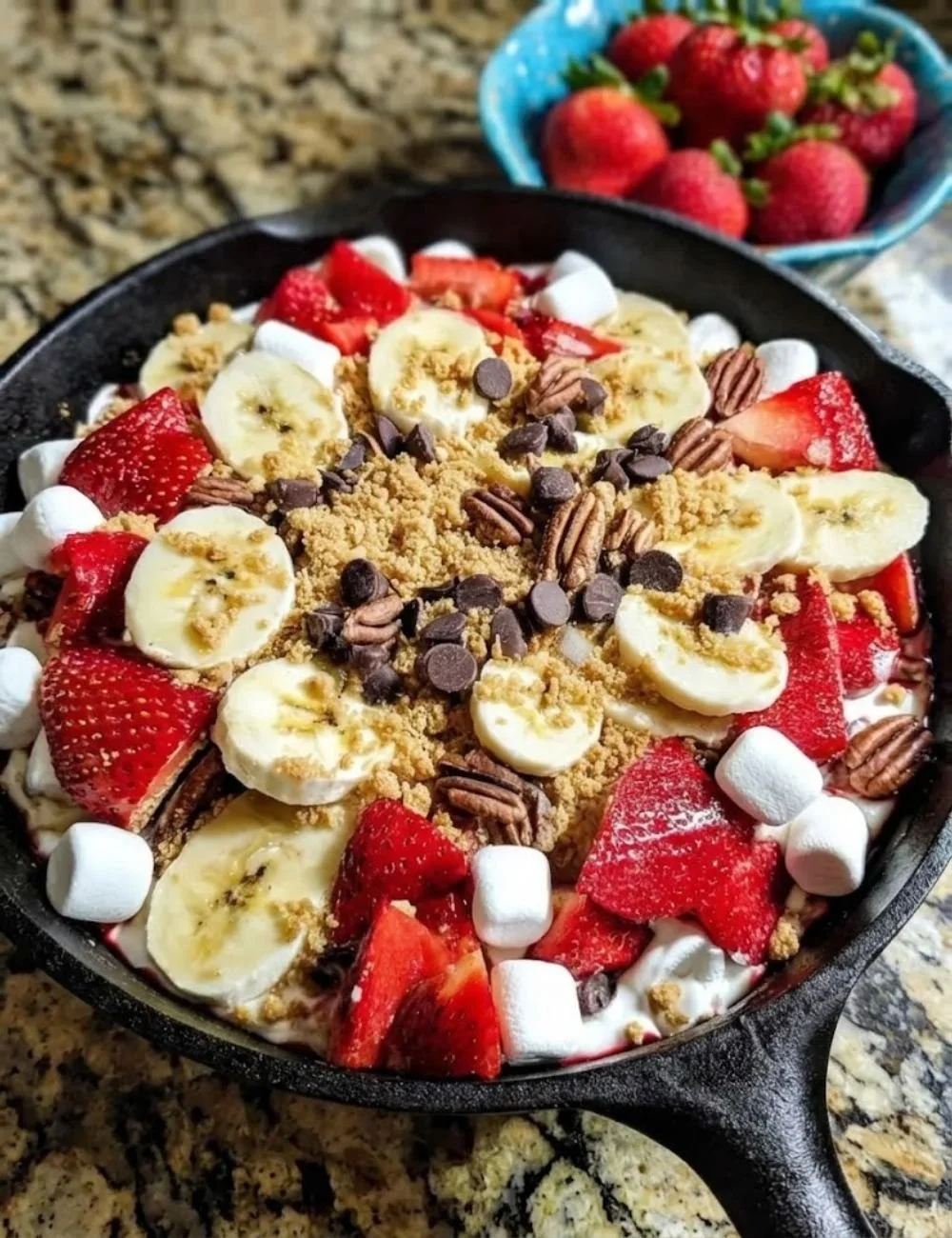Delicious Banana Split S'mores Dip topped with bananas, chocolate, and marshmallows