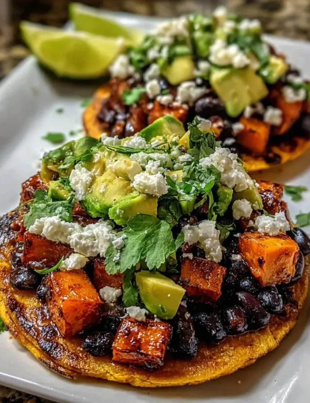 Colorful black bean sweet potato tostadas topped with fresh ingredients.