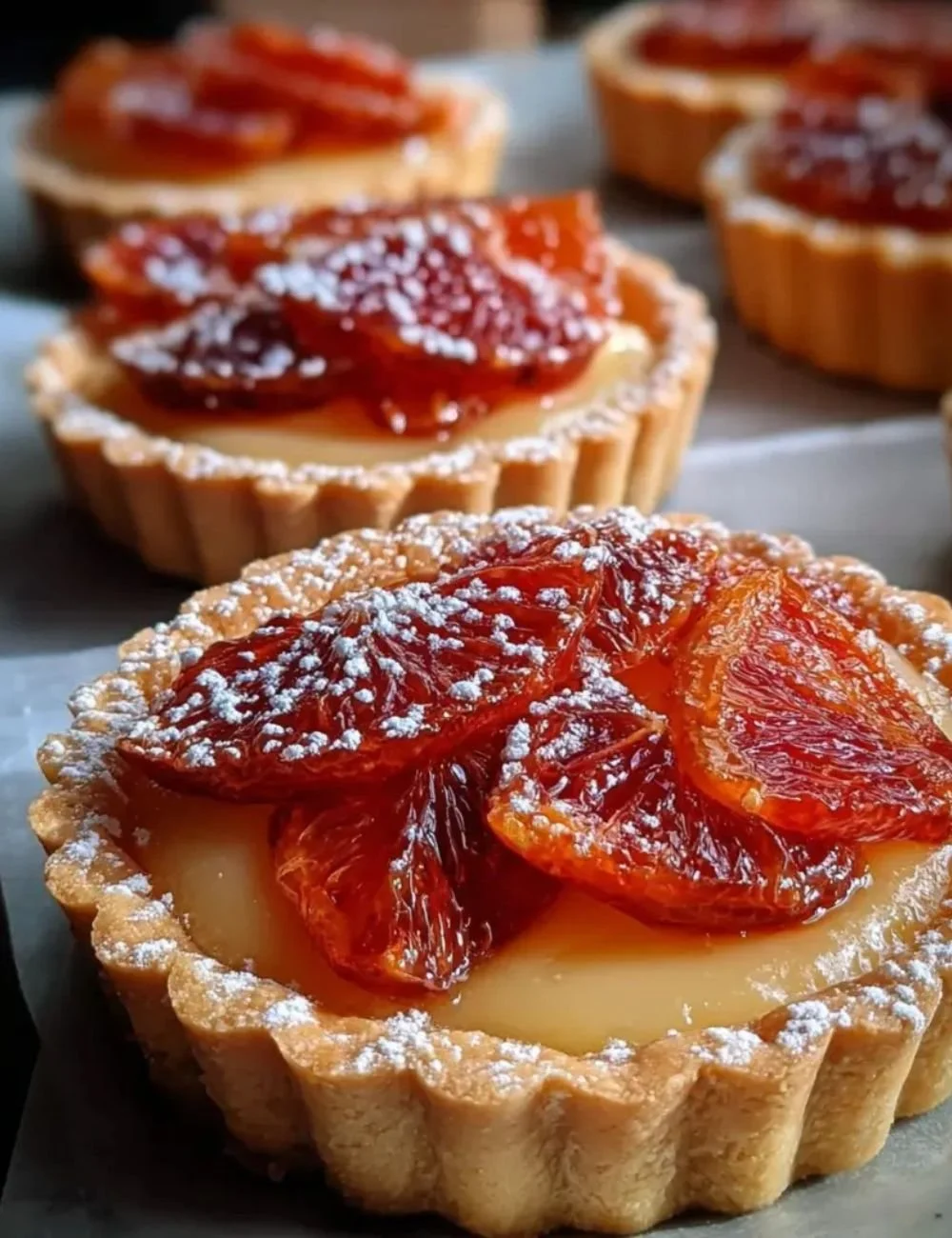 Delicious blood orange tarts topped with creamy custard