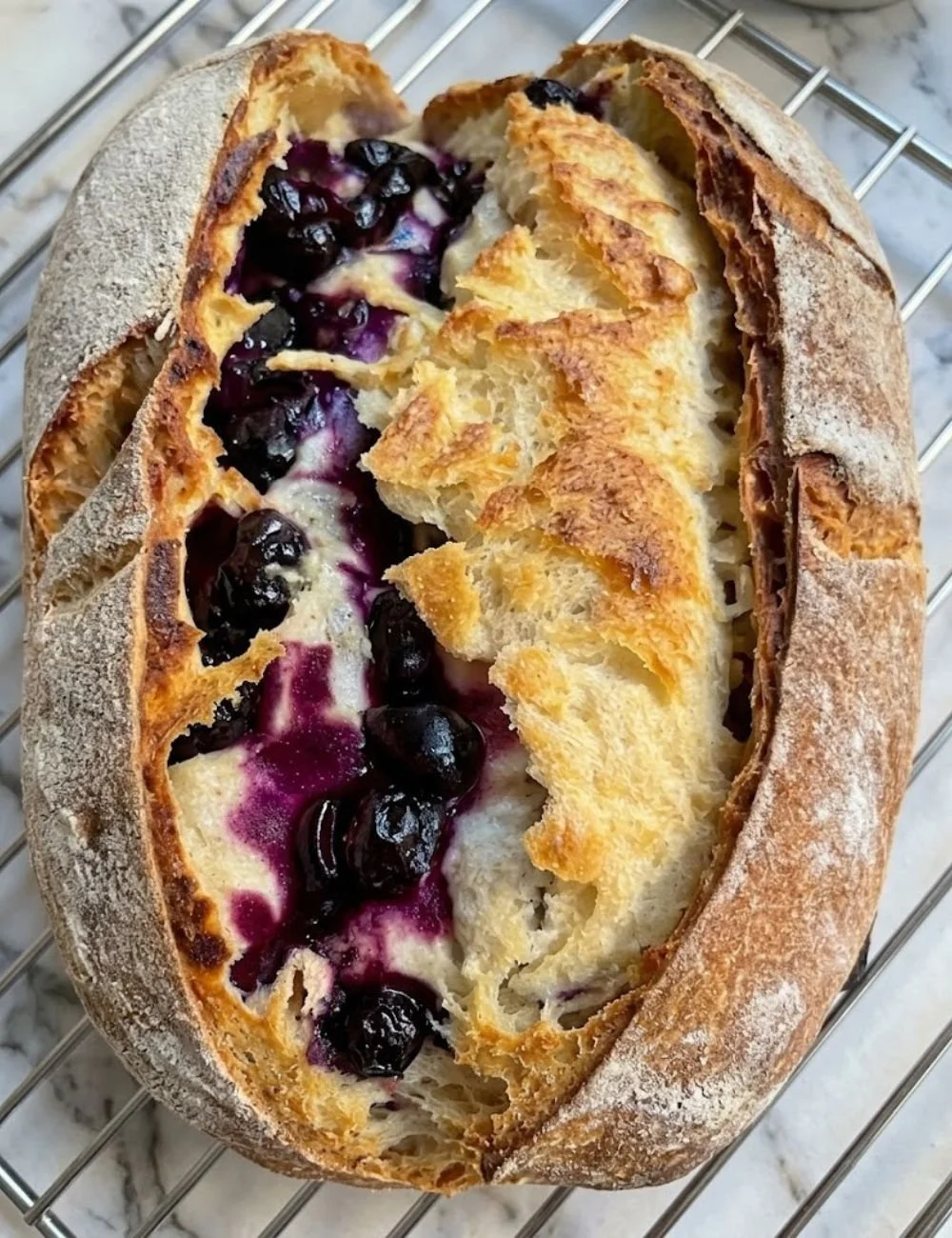 Freshly baked blueberry cream cheese sourdough loaf on a wooden cutting board.
