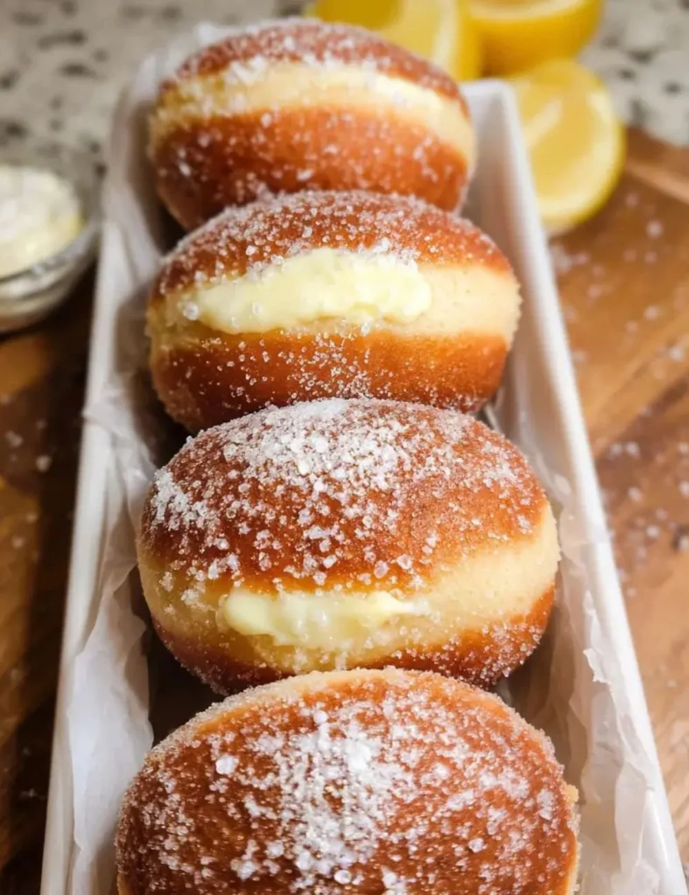 Delicious Bomboloni Italian doughnuts sprinkled with sugar and filled with cream