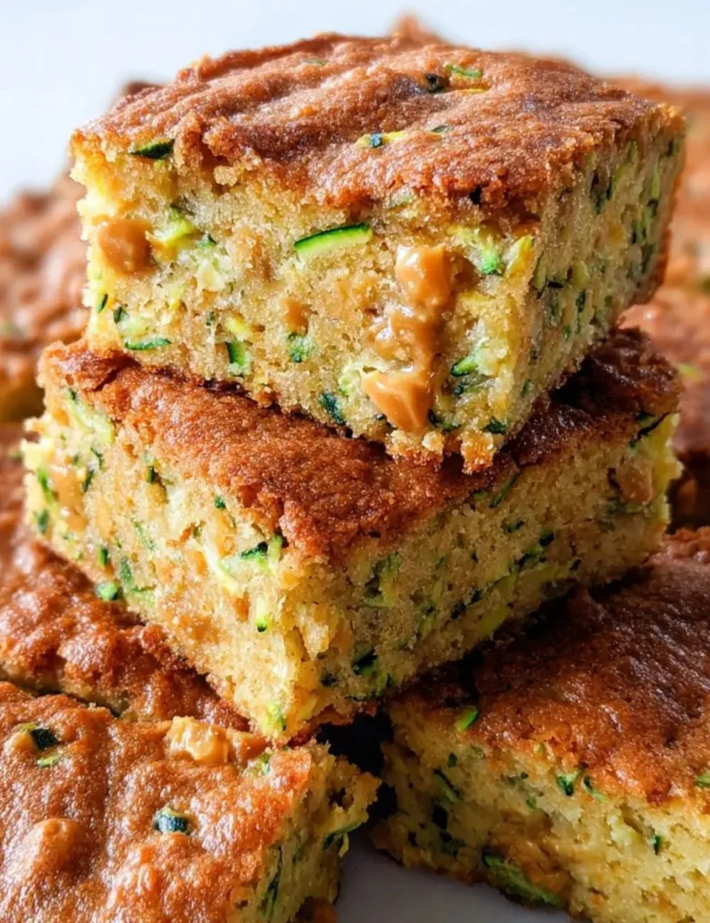 Delicious butterscotch zucchini bars on a wooden table.