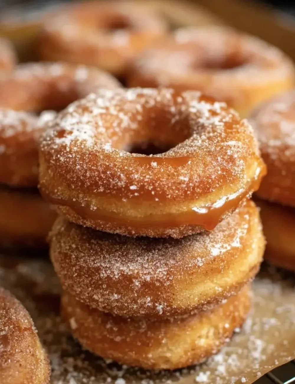 Delicious caramel apple cider donuts topped with caramel drizzle