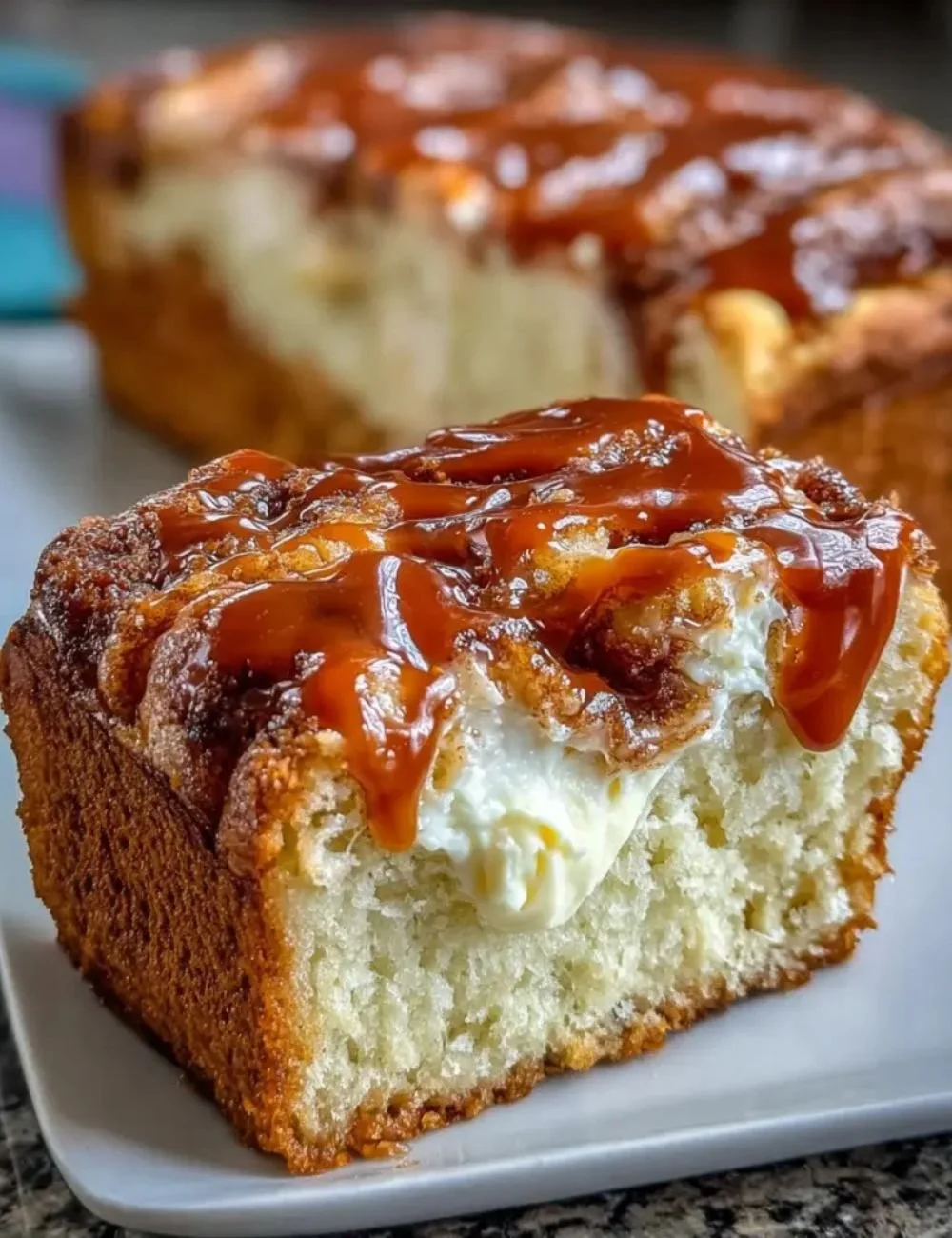 Delicious Caramel Cream Cheese Bread with a golden caramel drizzle