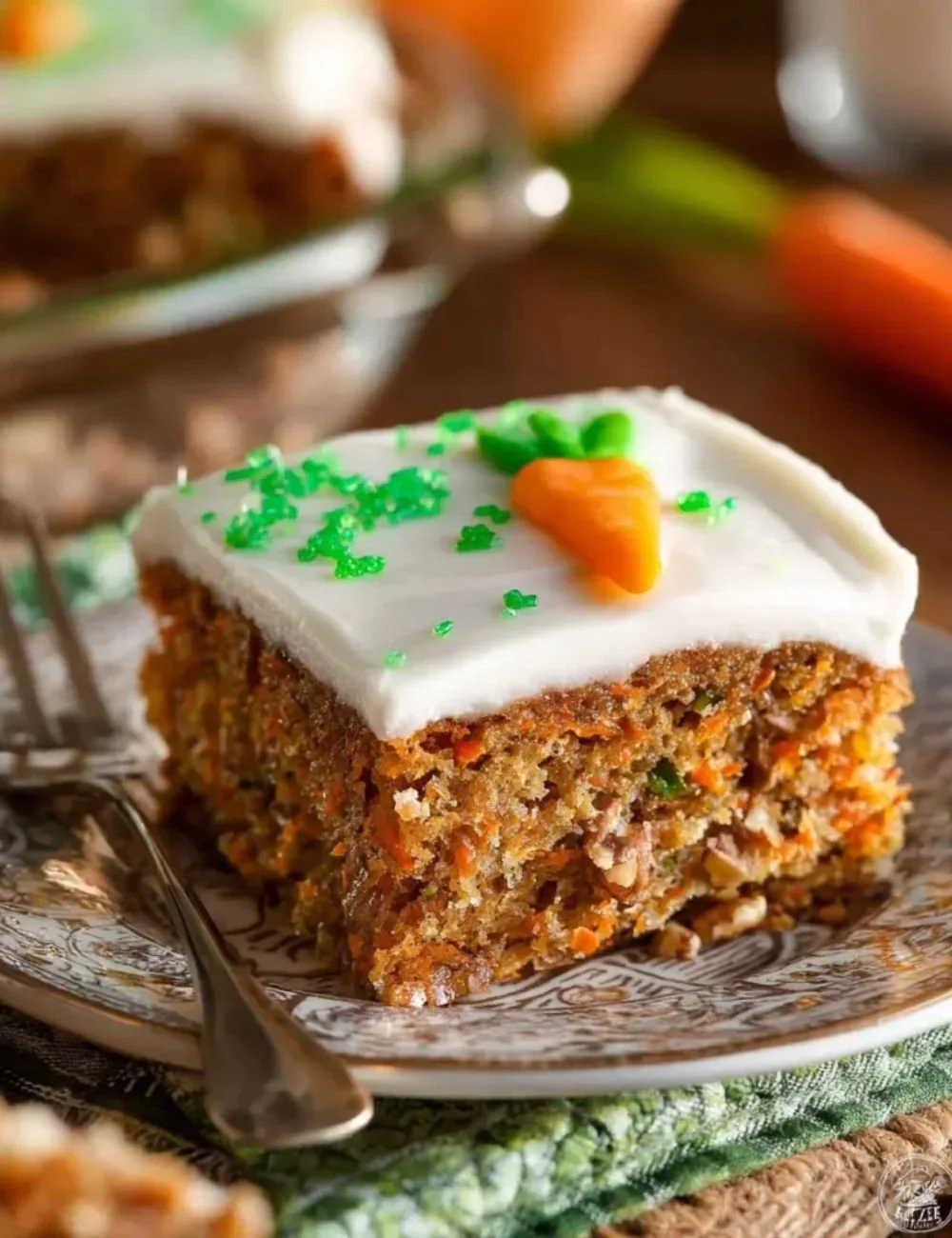 Delicious carrot cake bars with cream cheese frosting on a plate