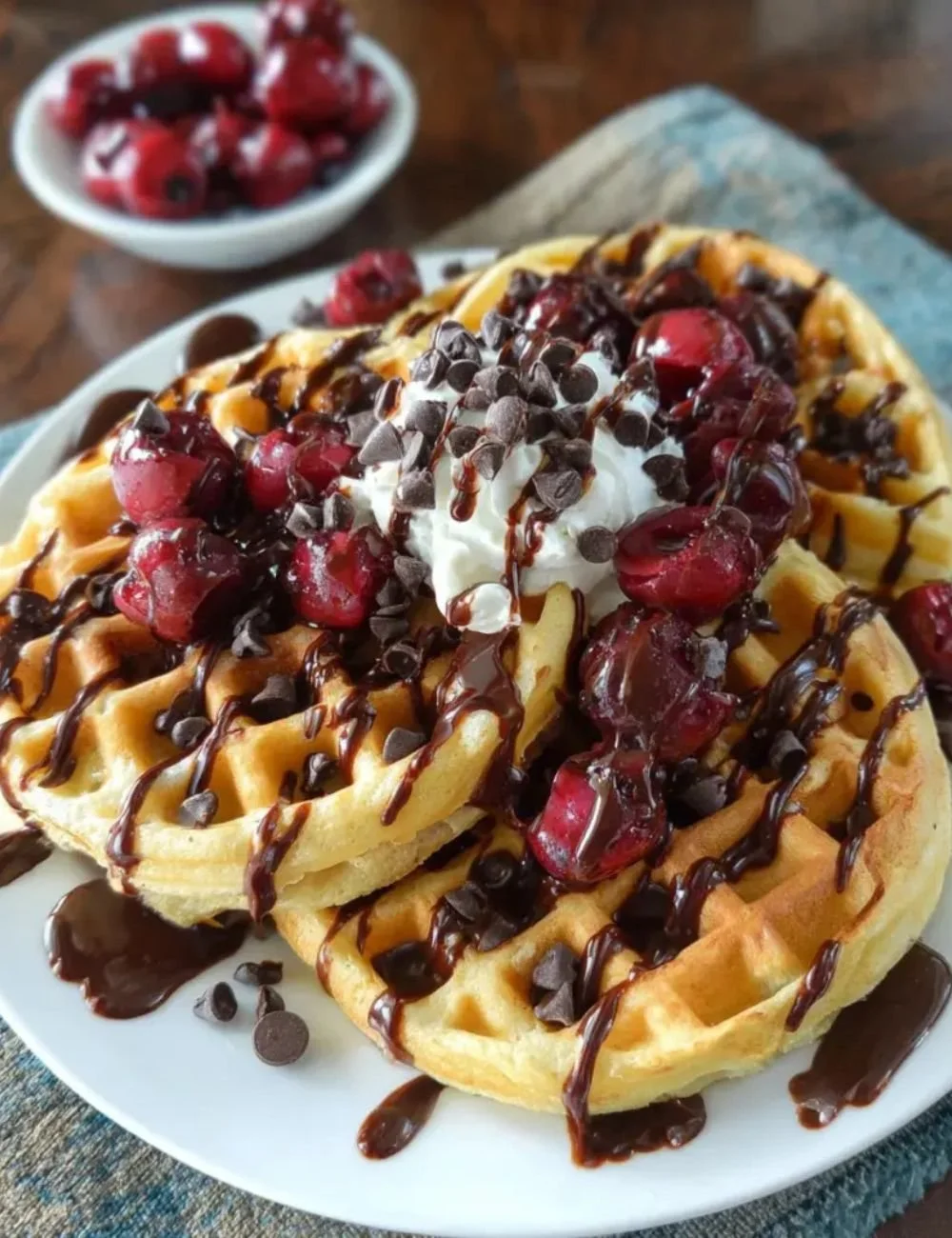 Delicious cherry chocolate chip waffles served with syrup and fresh cherries.