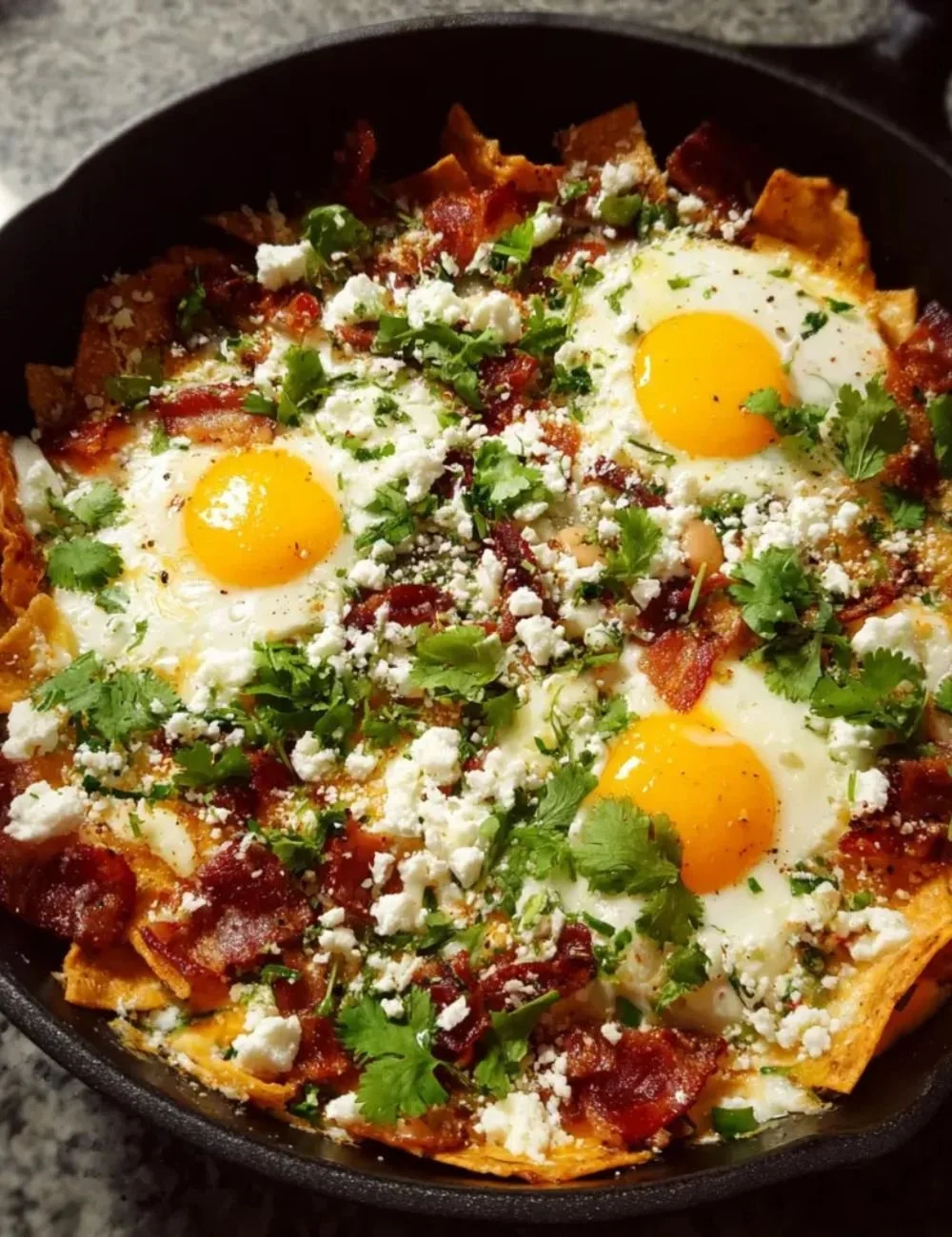 Chilaquiles topped with bacon, eggs, and cheese served on a plate.