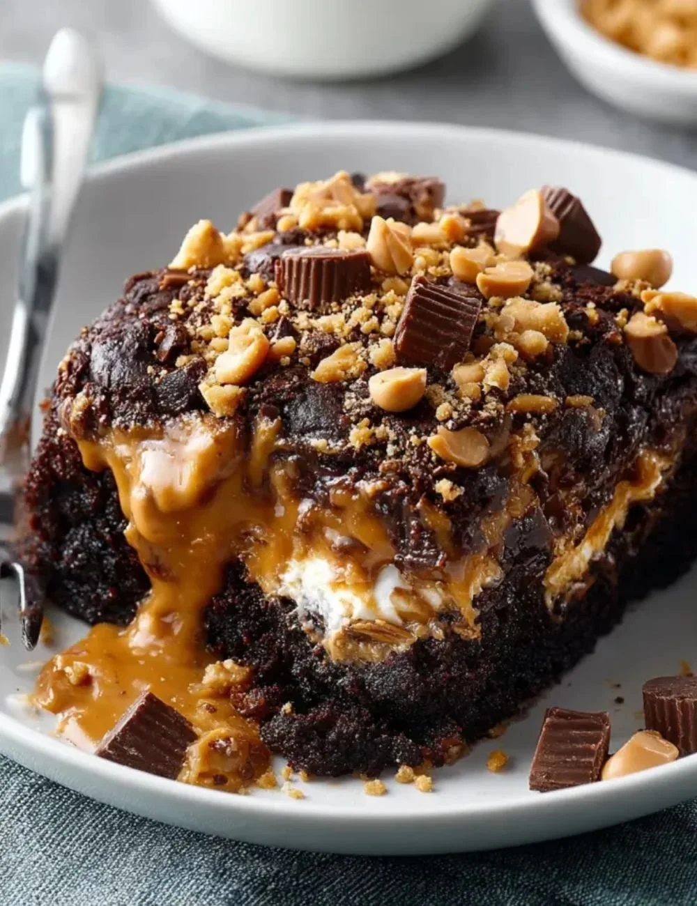 Chocolate peanut butter dump cake topped with chocolate and peanut butter swirls.