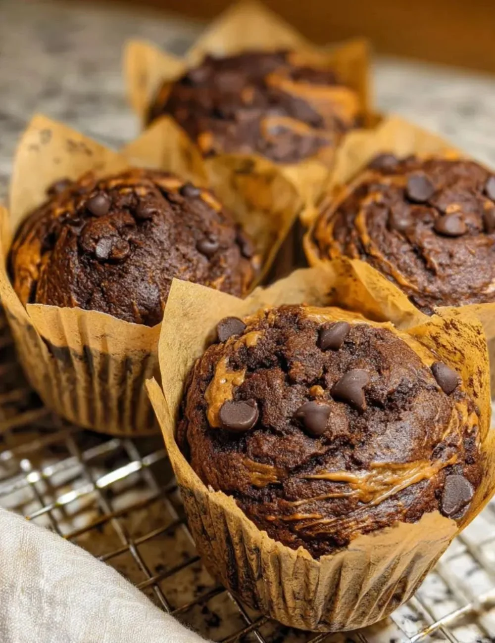 Delicious Chocolate Peanut Butter Muffins fresh out of the oven.