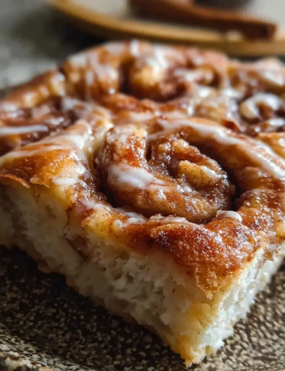 Deliciously baked Cinnamon Roll Focaccia topped with icing and cinnamon.