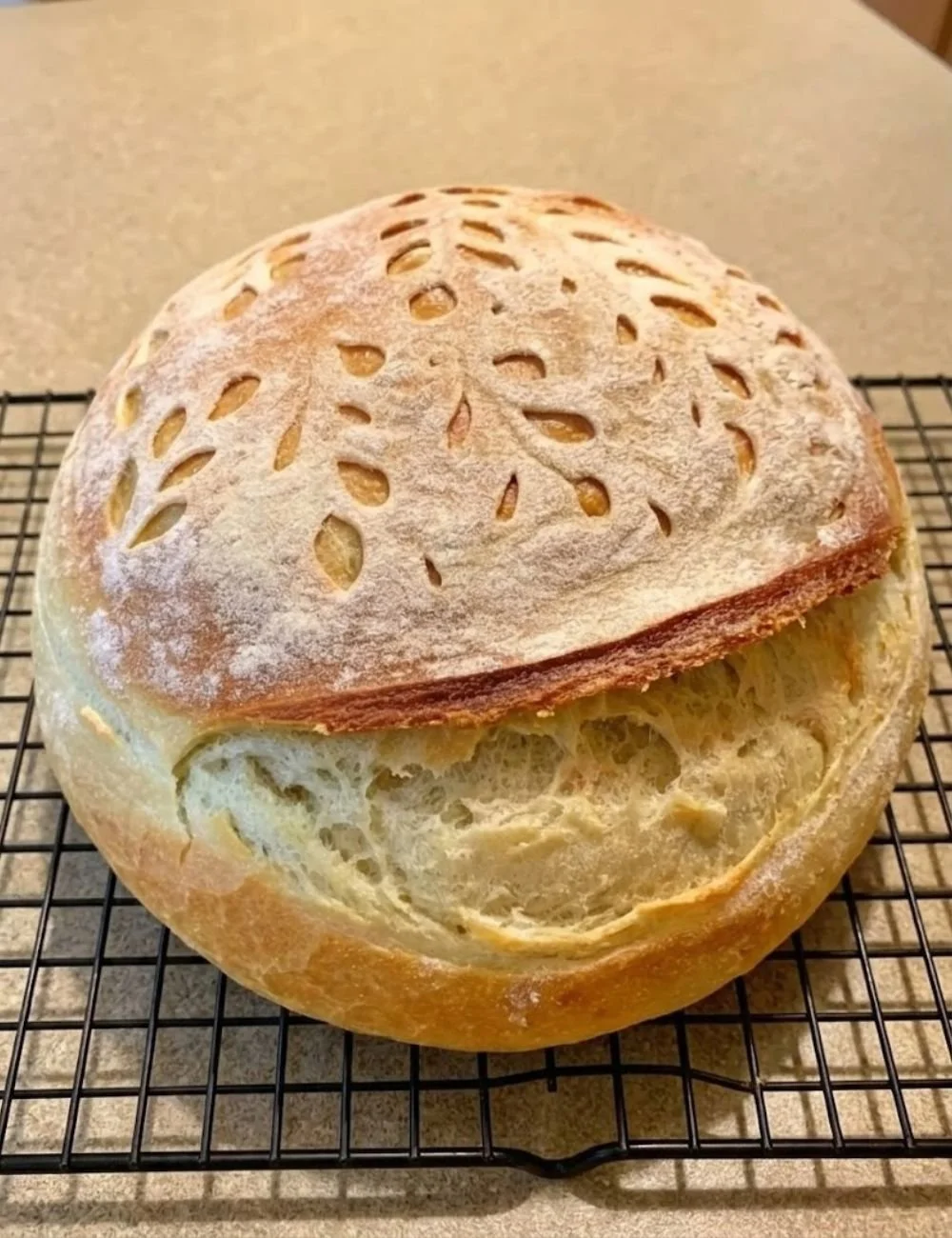 Freshly baked artisan sourdough bread with olive oil and honey on a wooden table.