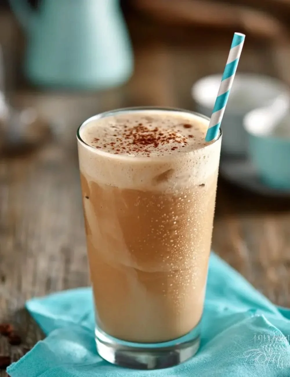 Delicious coffee protein shake with ingredients in a glass on a wooden table