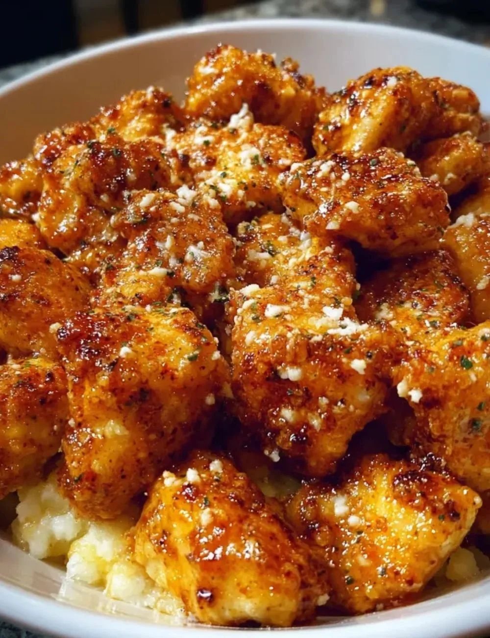 Plate of Cottage Cheese Parmesan Firecracker Chicken served with fresh herbs.