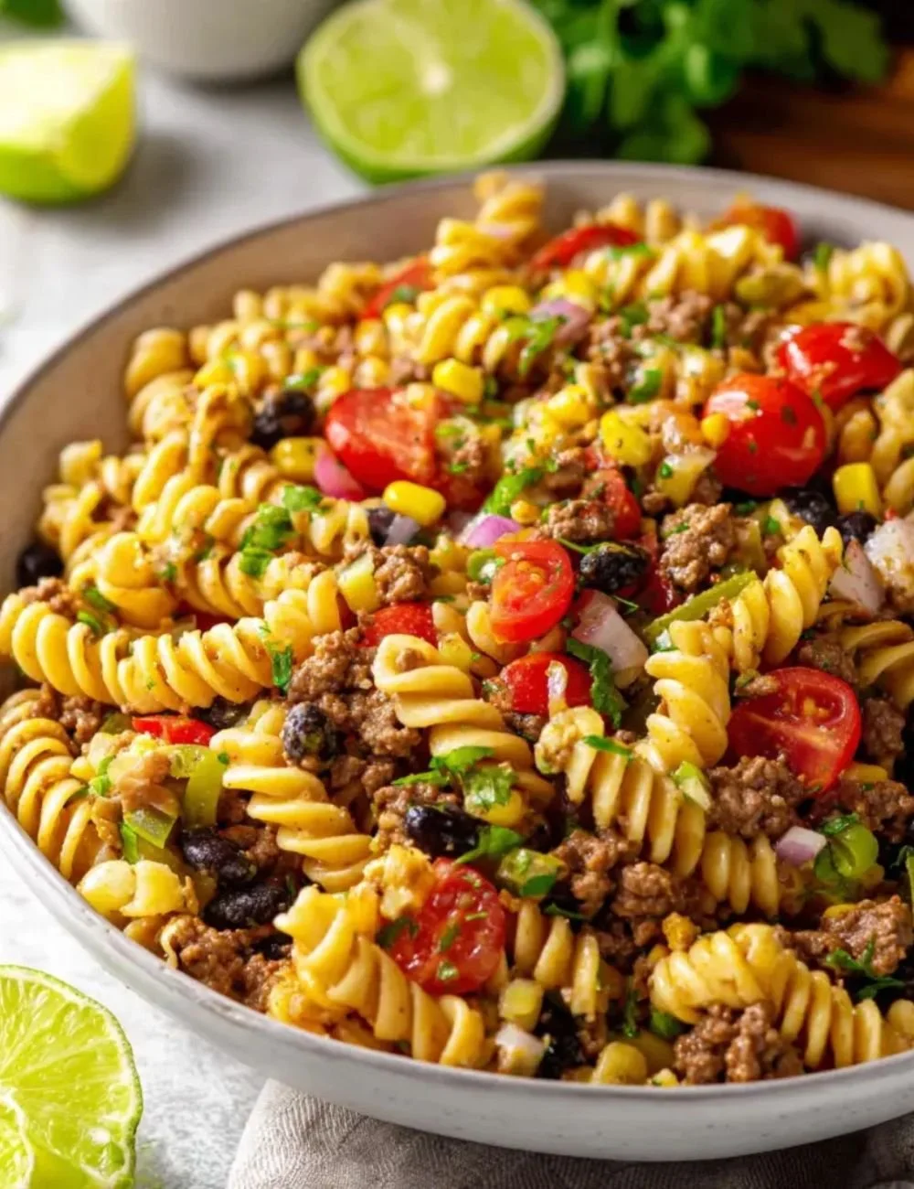 Colorful Cowboy Pasta Salad with fresh vegetables and dressing in a bowl