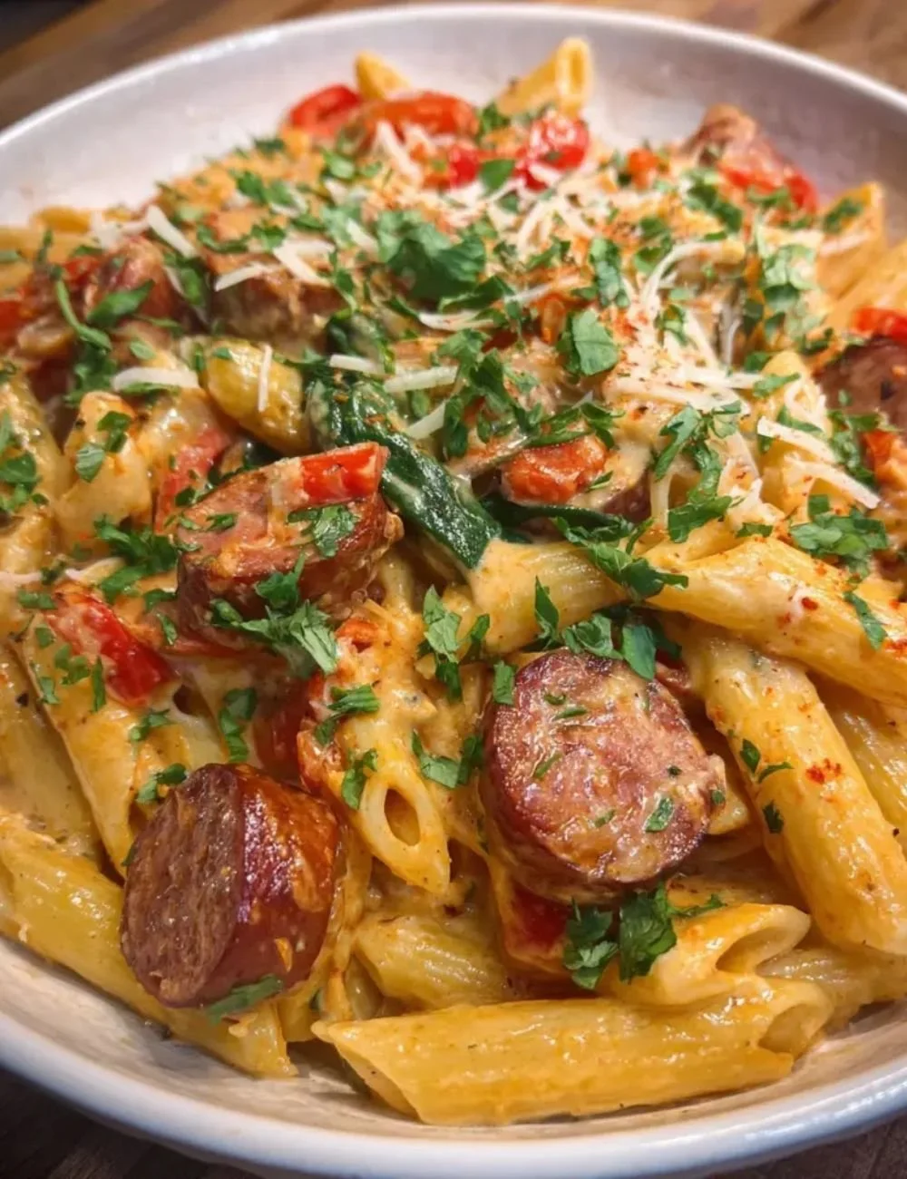Creamy Cajun sausage pasta served in a bowl with herbs and spices