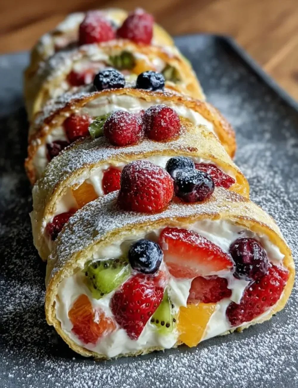 Creamy Fruit Salad Rollups with fresh fruits wrapped in tortillas.