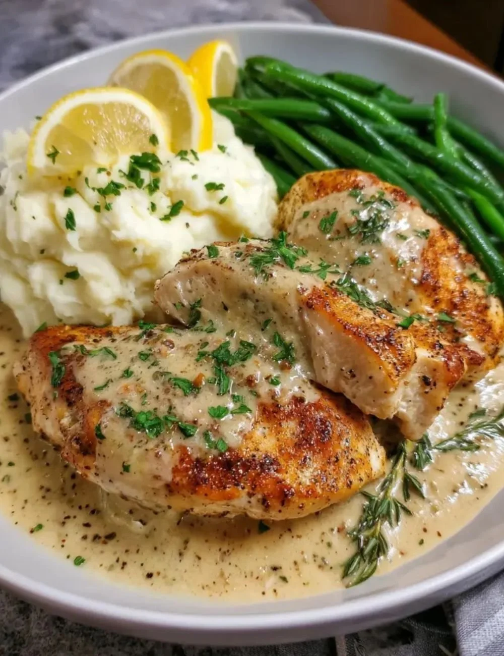 Creamy garlic chicken pan dish with herbs on a wooden table.