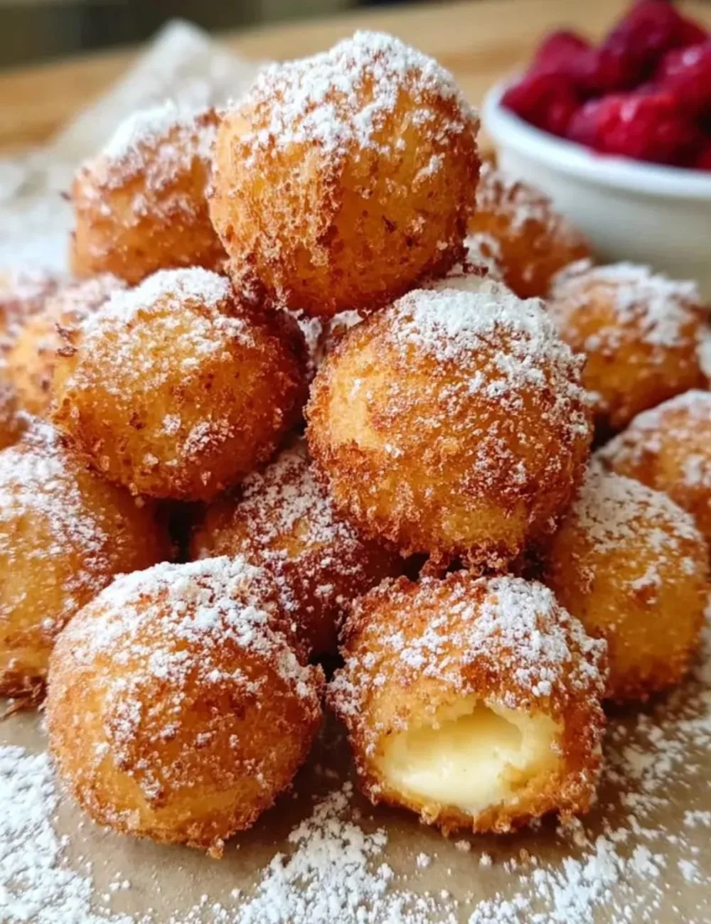 Crispy fried cheesecake bites served on a plate with a drizzle of chocolate sauce