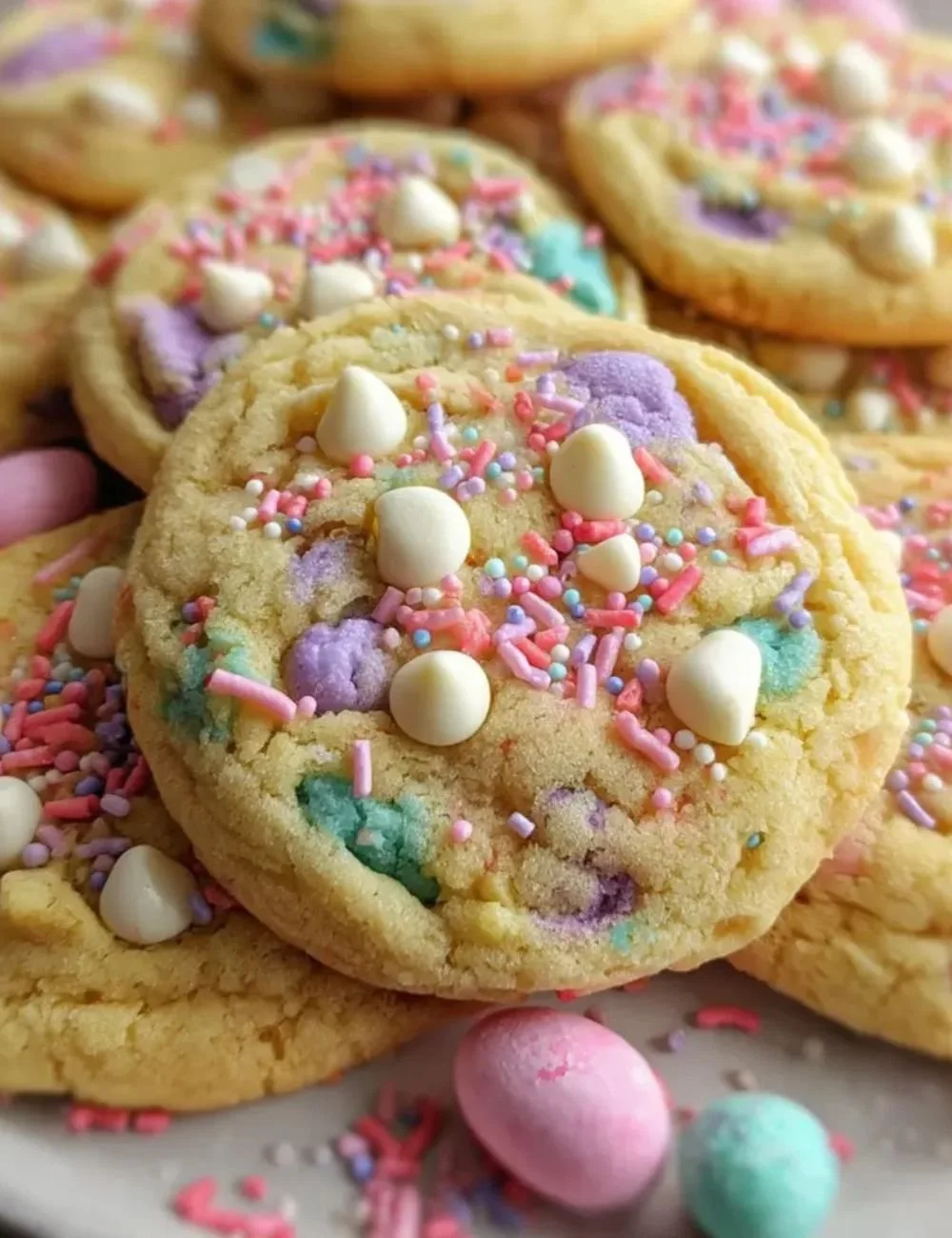 Colorful Easter cookies shaped like eggs and bunnies on a festive table.