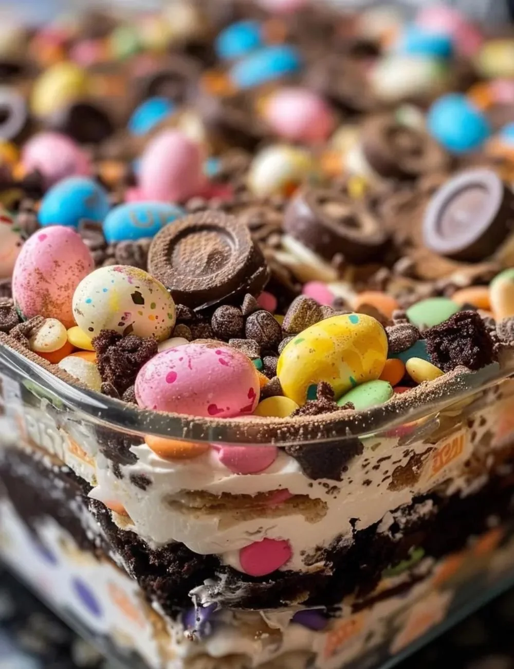 Easter Dirt Cake Casserole with chocolate crumbs and colorful decorations