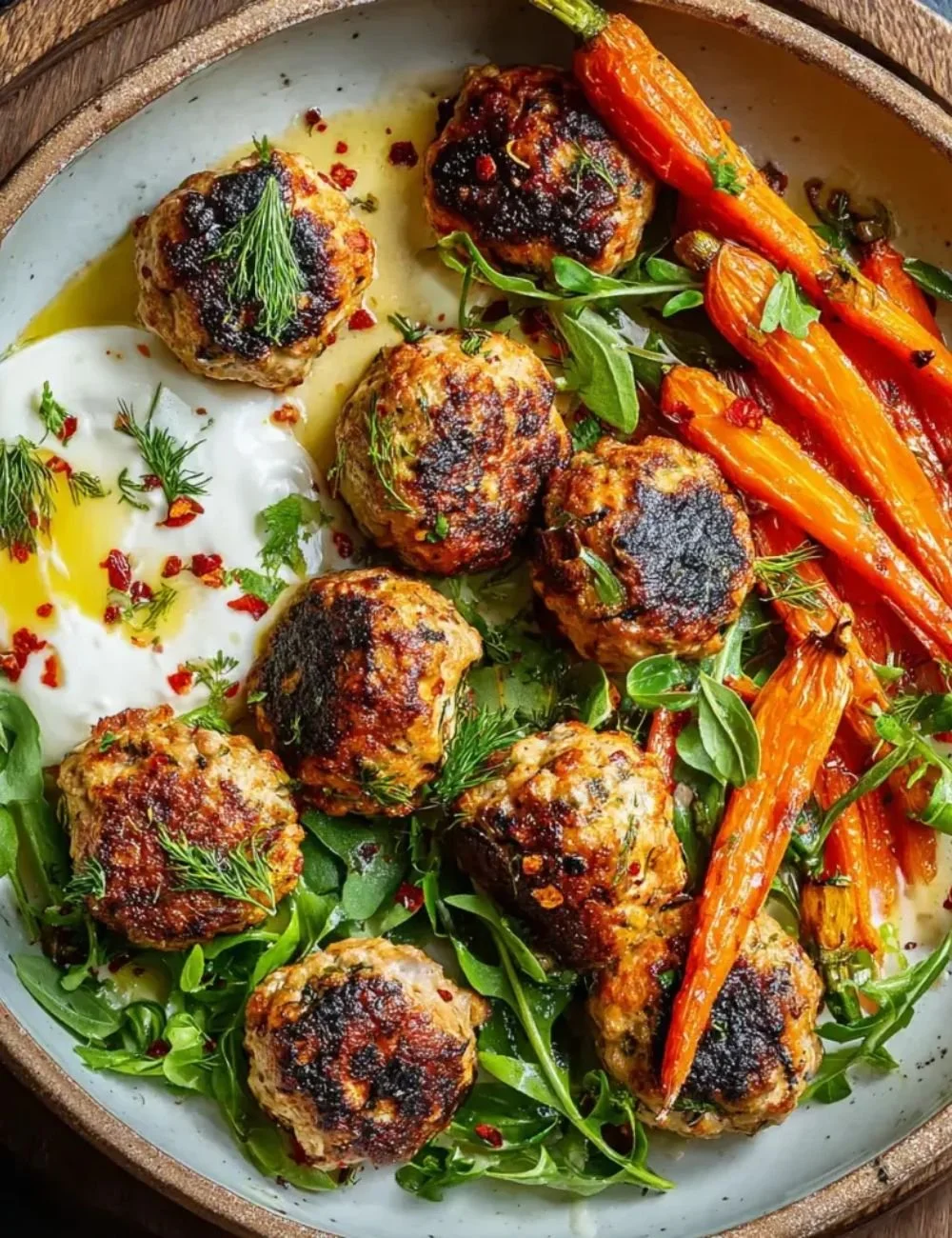 Freeform chicken meatballs on a plate garnished with herbs
