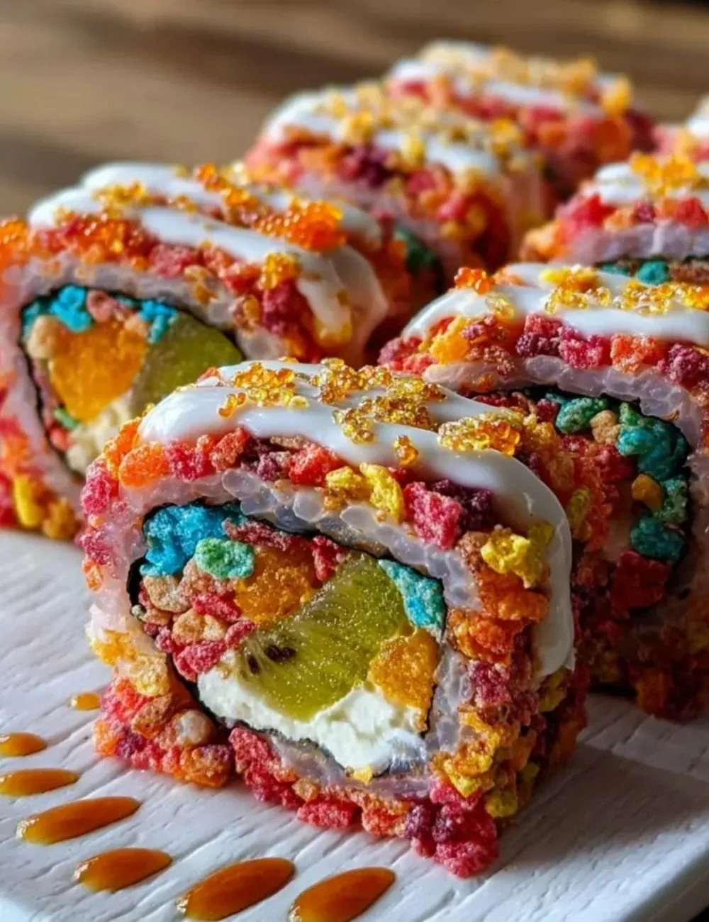 Vibrant Fruity Pebbles Sushi rolls beautifully presented on a plate.