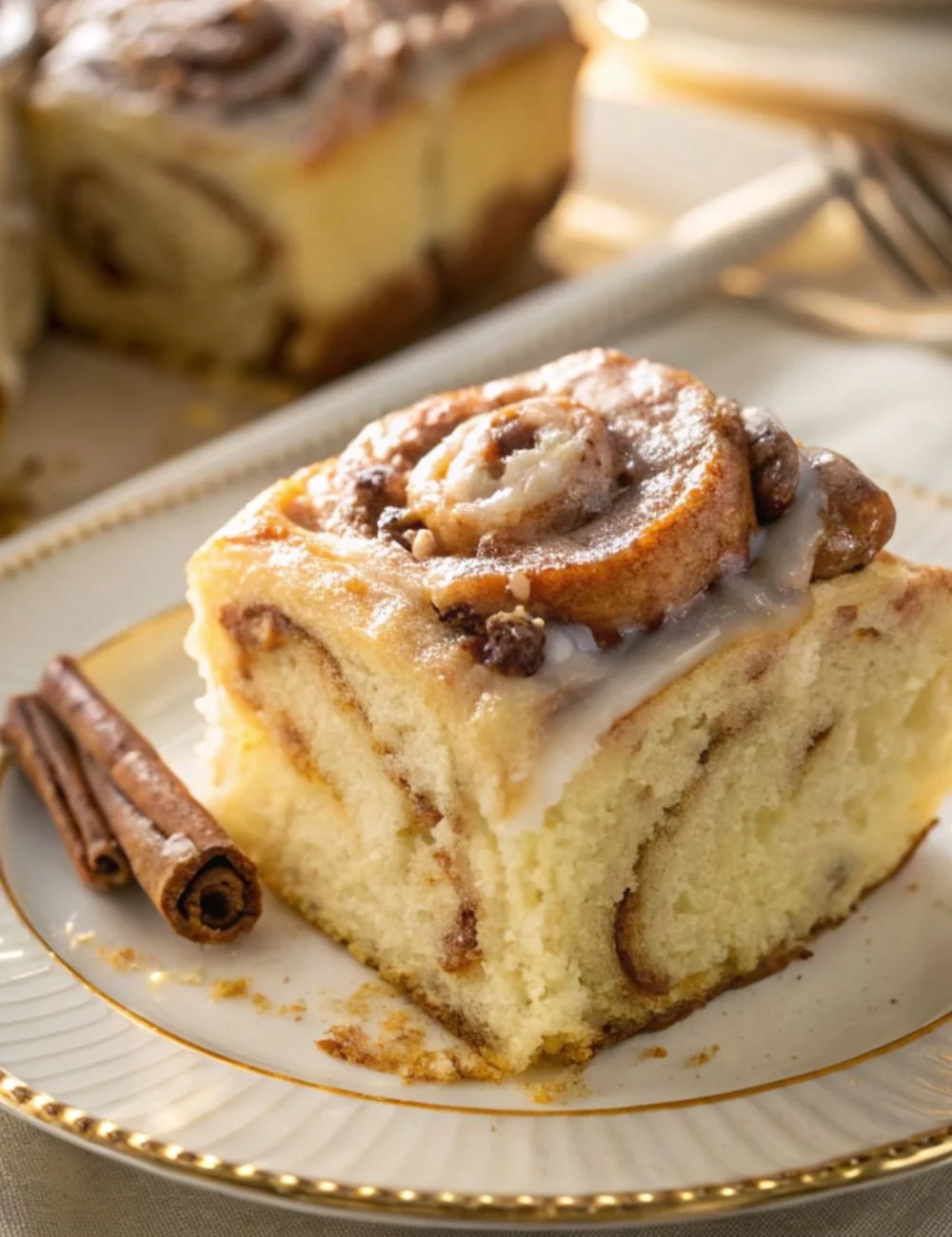 Grandma's Cinnamon Roll Cake with cream cheese frosting and cinnamon swirls