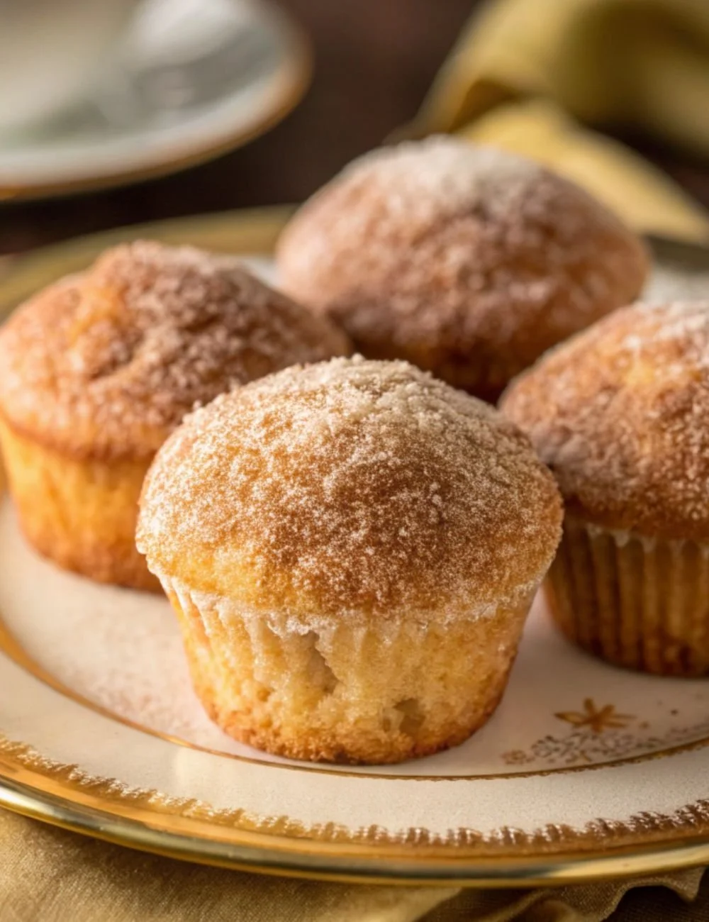 Fluffy cinnamon sugar donut muffins on a wooden table, fresh from the oven