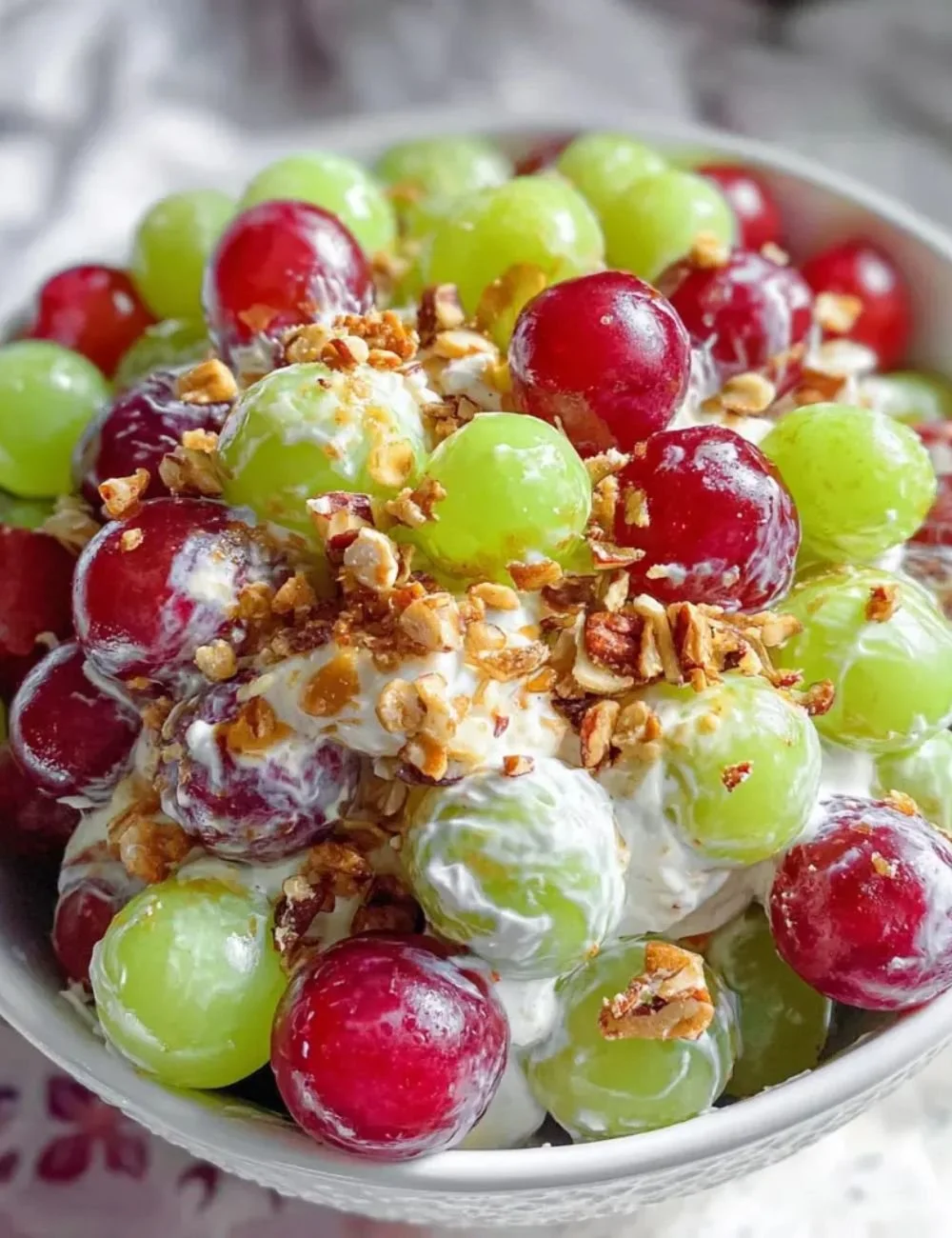 A bowl of colorful grape salad with fresh fruits and nuts.
