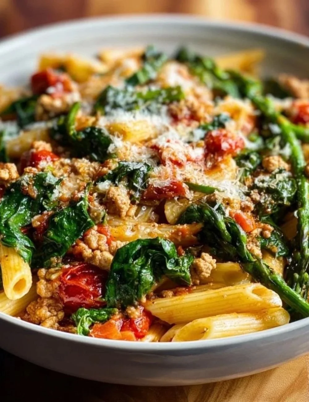 Ground turkey veggie pasta dish served with fresh vegetables