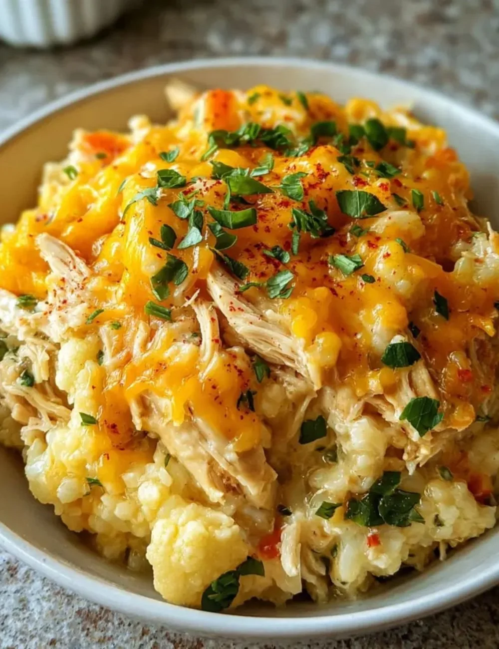 Healthy chicken cauliflower casserole topped with cheese and herbs