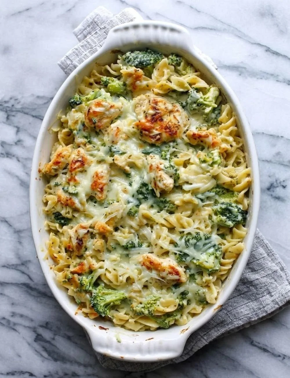 High Protein Alfredo Bake with pasta and creamy sauce served in a baking dish