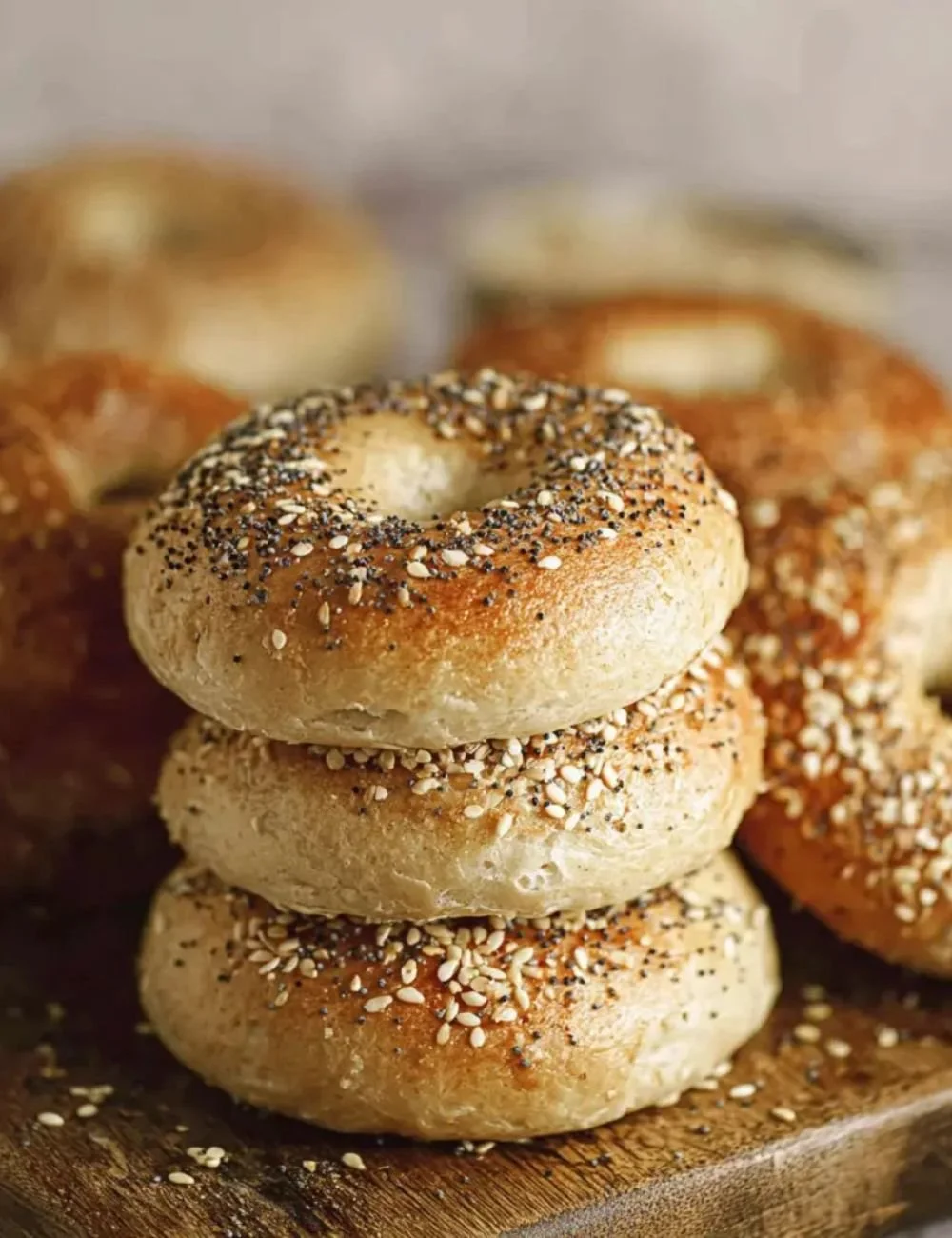 Freshly baked homemade sourdough bagels on a wooden board